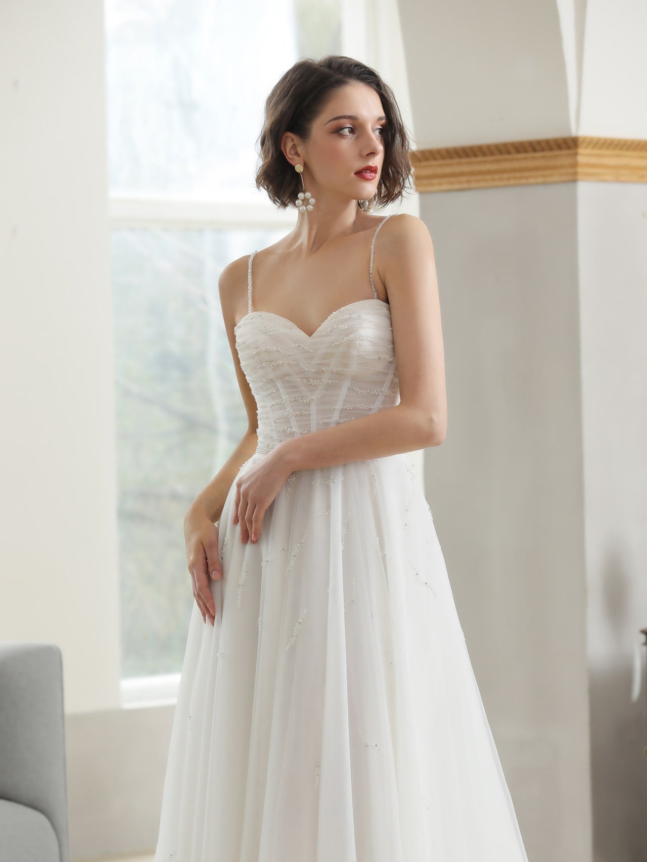 Ruched Bodice with Pearl Detailing A-Line Wedding Dress Avery - A.Cherie Couture Shop