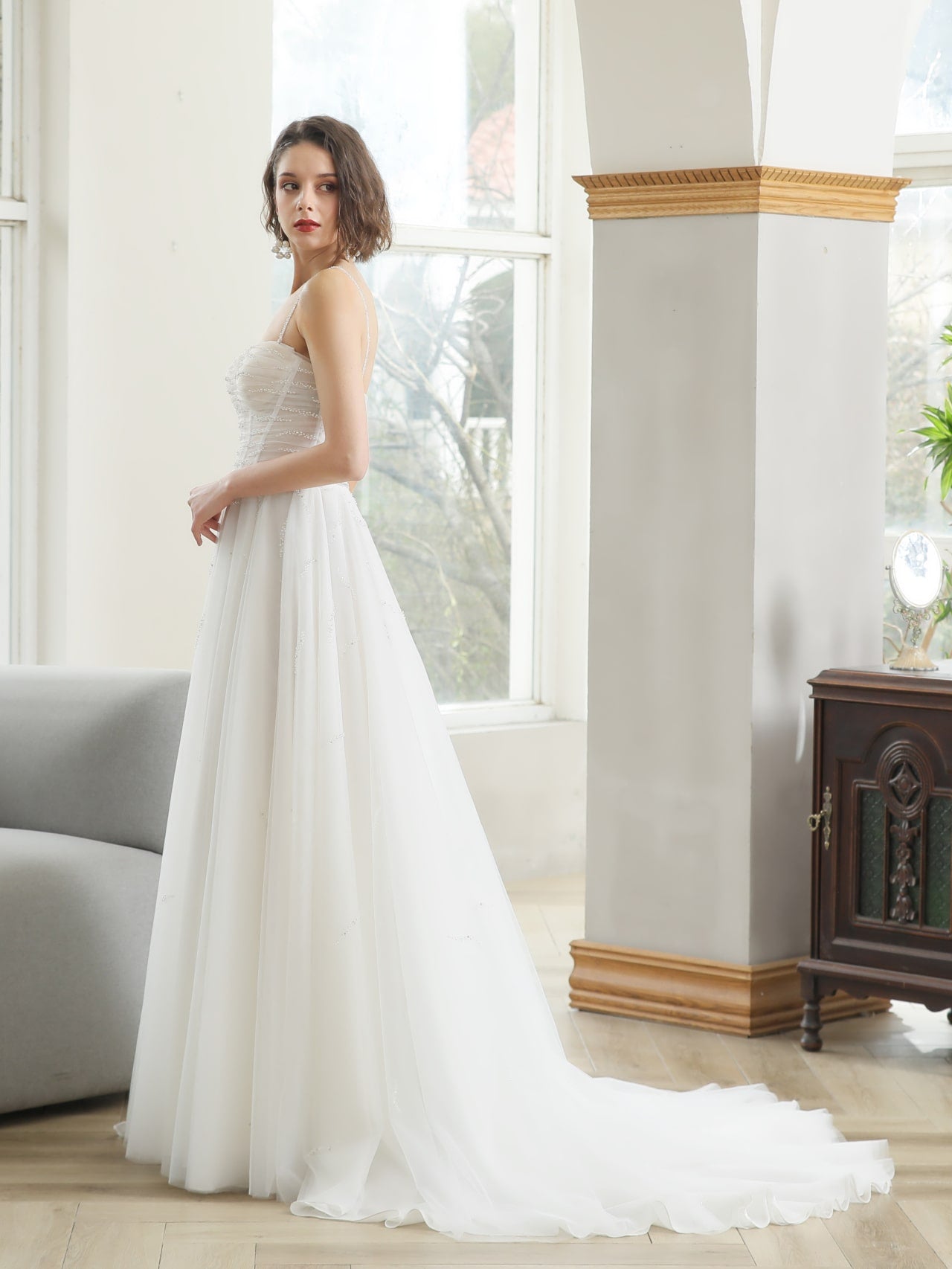 Ruched Bodice with Pearl Detailing A-Line Wedding Dress Avery - A.Cherie Couture Shop