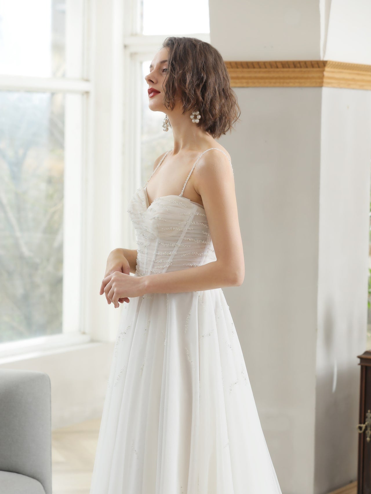 Ruched Bodice with Pearl Detailing A-Line Wedding Dress Avery - A.Cherie Couture Shop