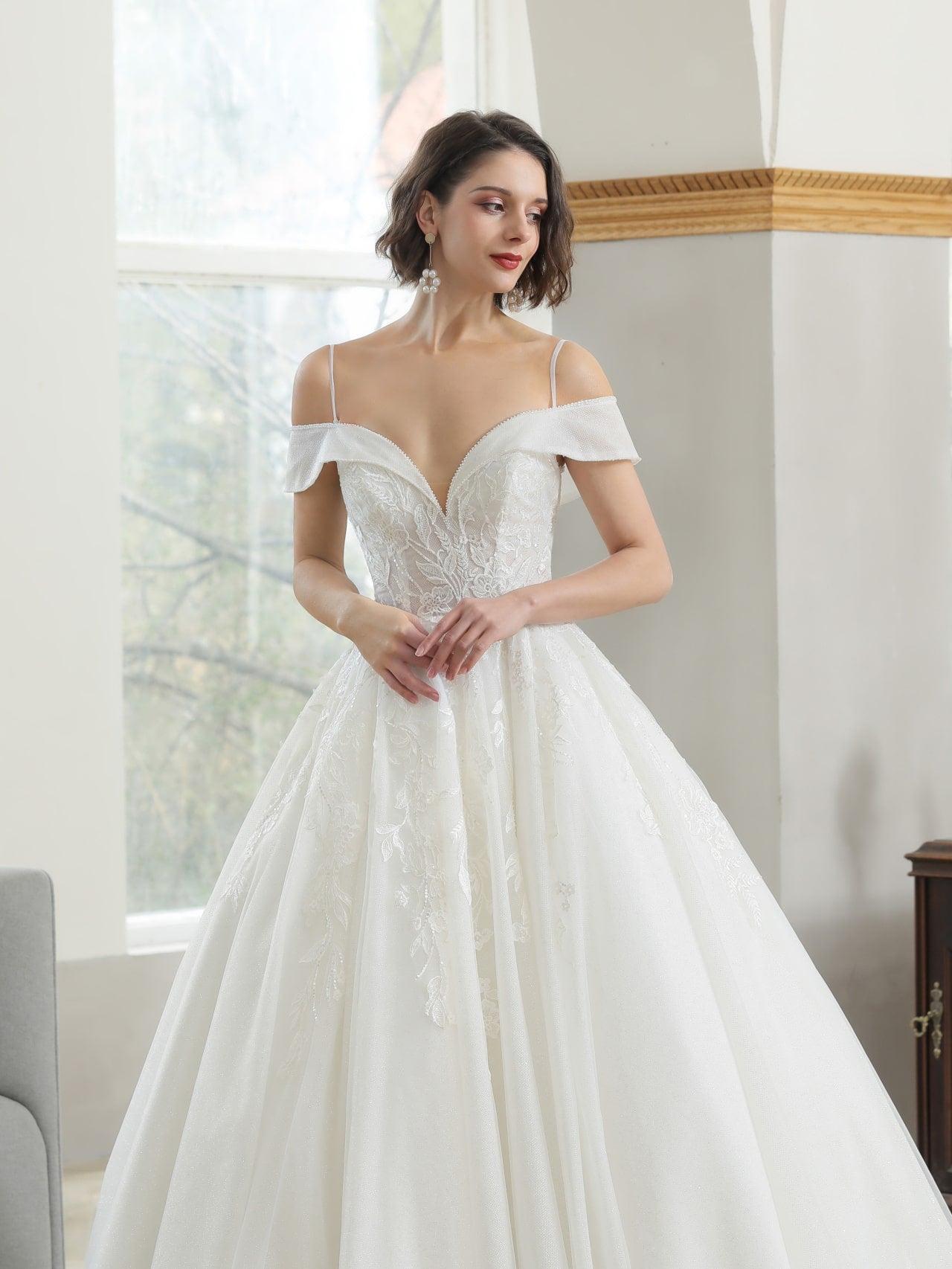 Off Shoulder Sequin Floral Lace Full A-Line Wedding Dress | Shop A.Cherie Light Ivory / US4 Off Shoulder Sequin Floral Lace Full A-Line Wedding Dress | Shop A.Cherie Light Ivory / US4