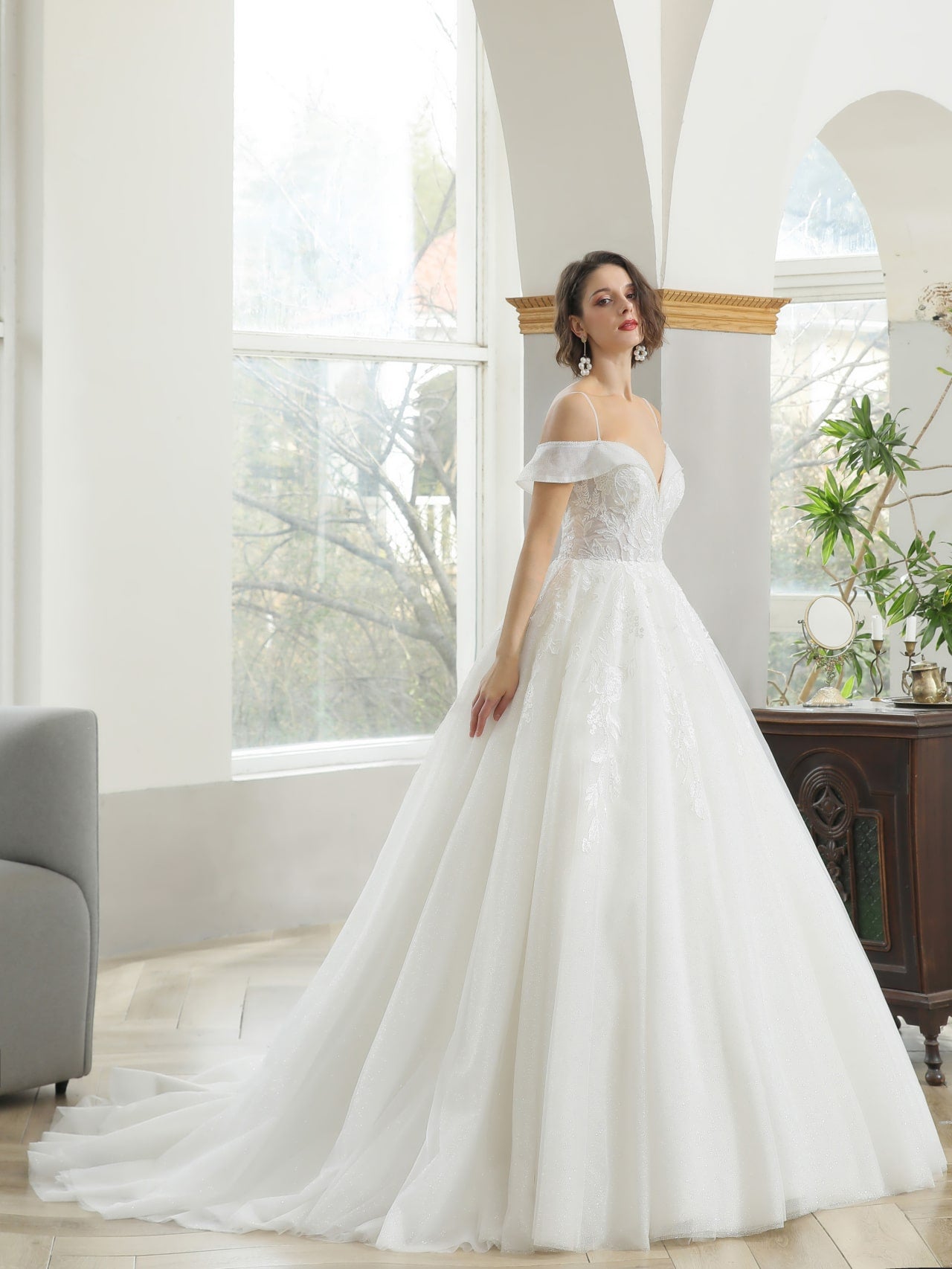 Off Shoulder Sequin Floral Lace Full A-Line Wedding Dress