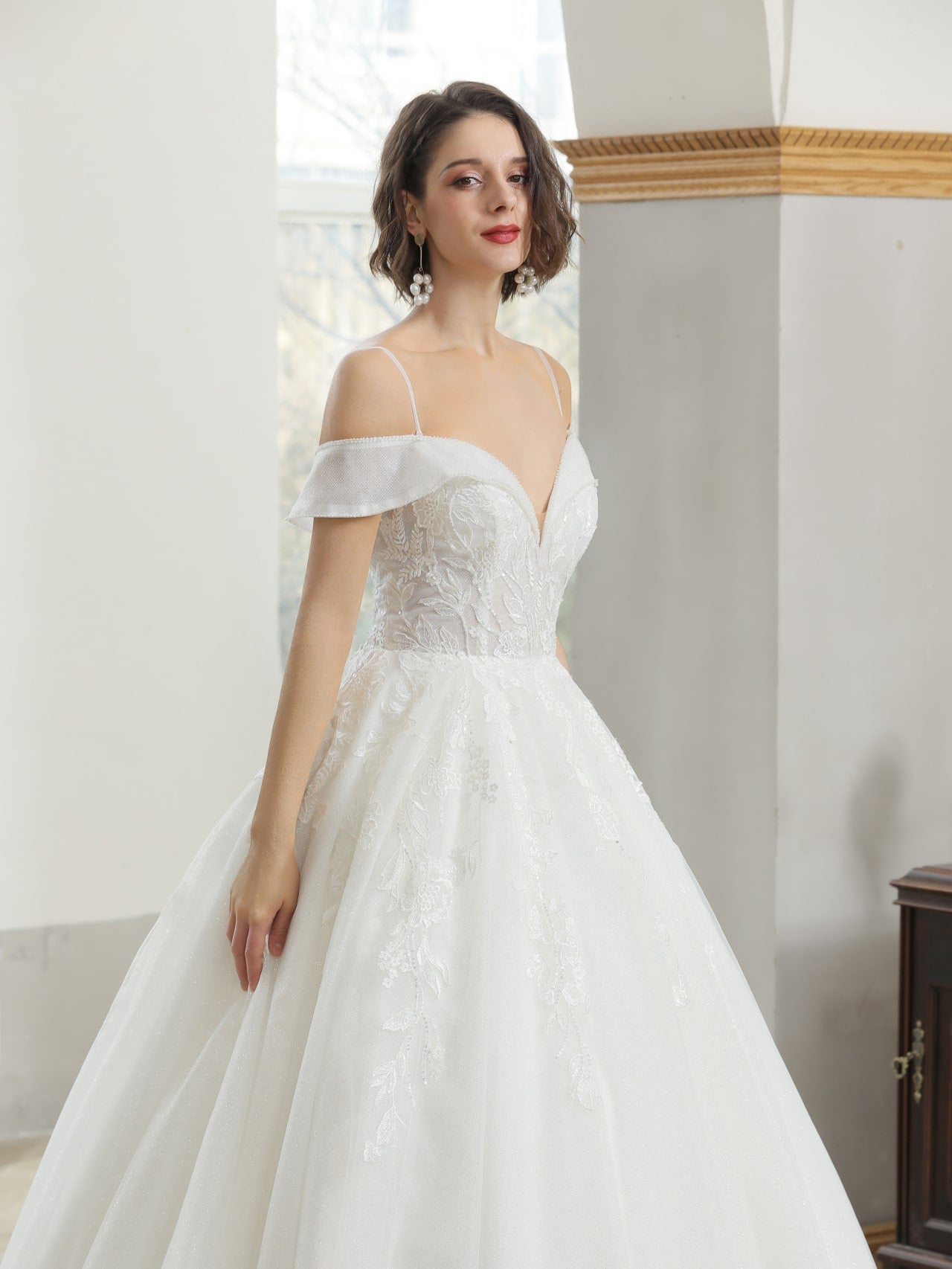 Off Shoulder Sequin Floral Lace Full A-Line Wedding Dress | Shop A.Cherie Light Ivory / US4 Off Shoulder Sequin Floral Lace Full A-Line Wedding Dress | Shop A.Cherie Light Ivory / US4