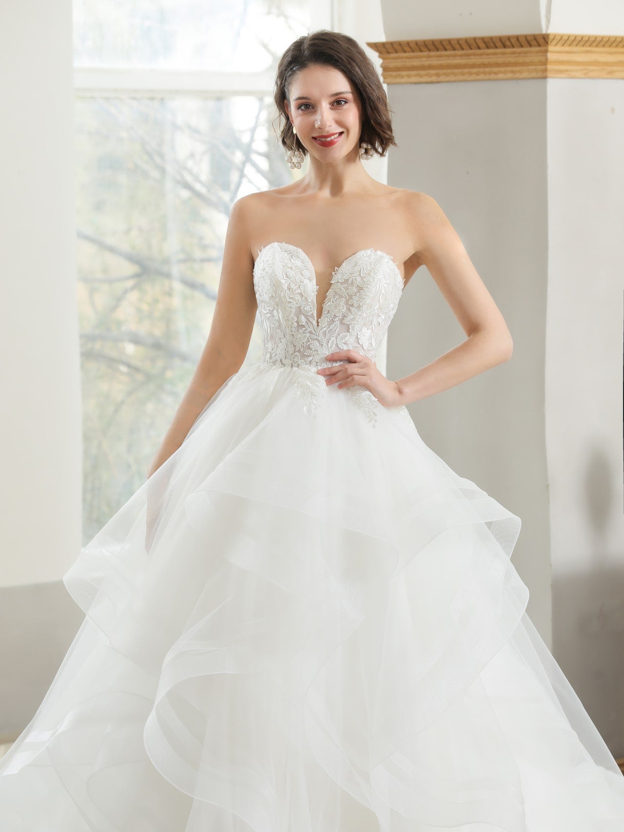 Tiered Organza Skirt Floral Lace Ball Gown Wedding Dress Bridget - A.Cherie Couture Shop