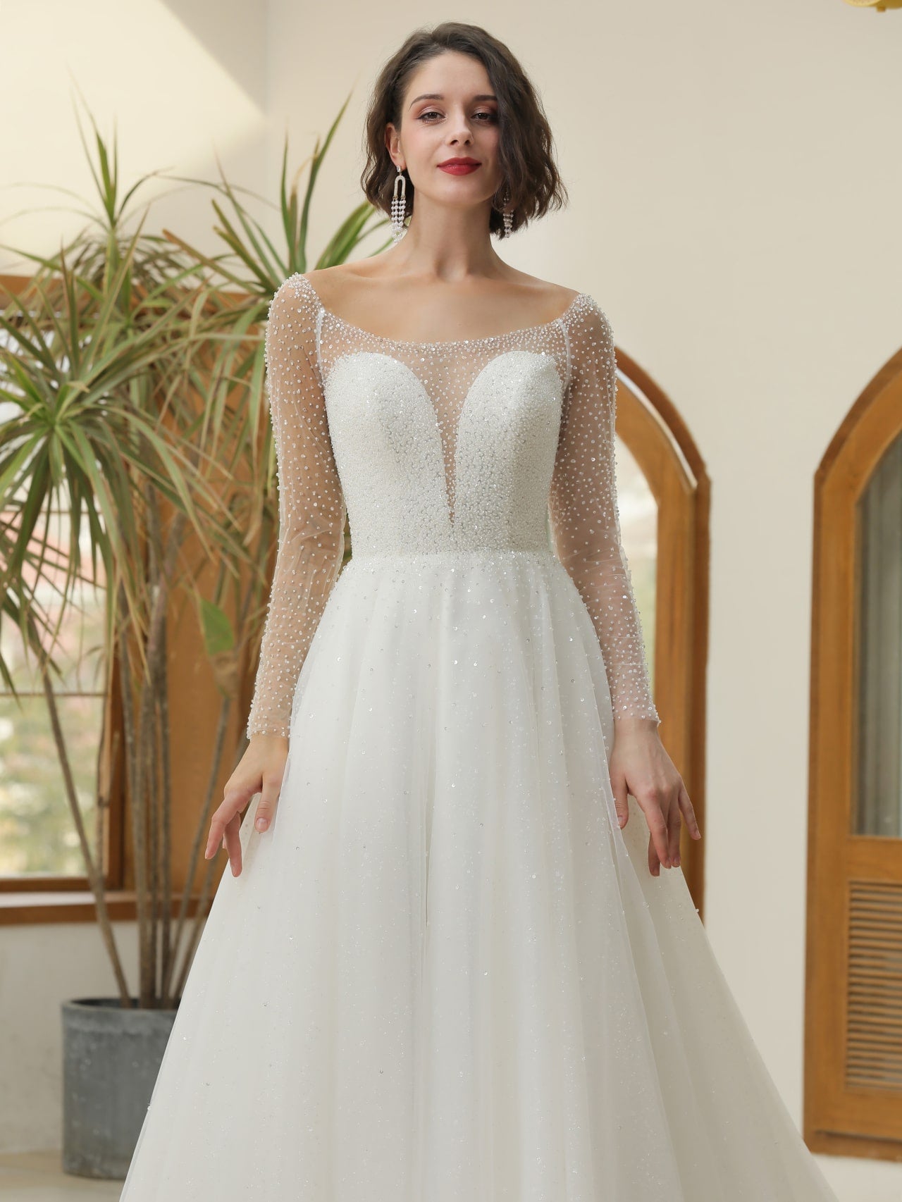 Mix Beading Plunge Neckline A-Line Wedding Dress Jasmine - A.Cherie Couture Shop