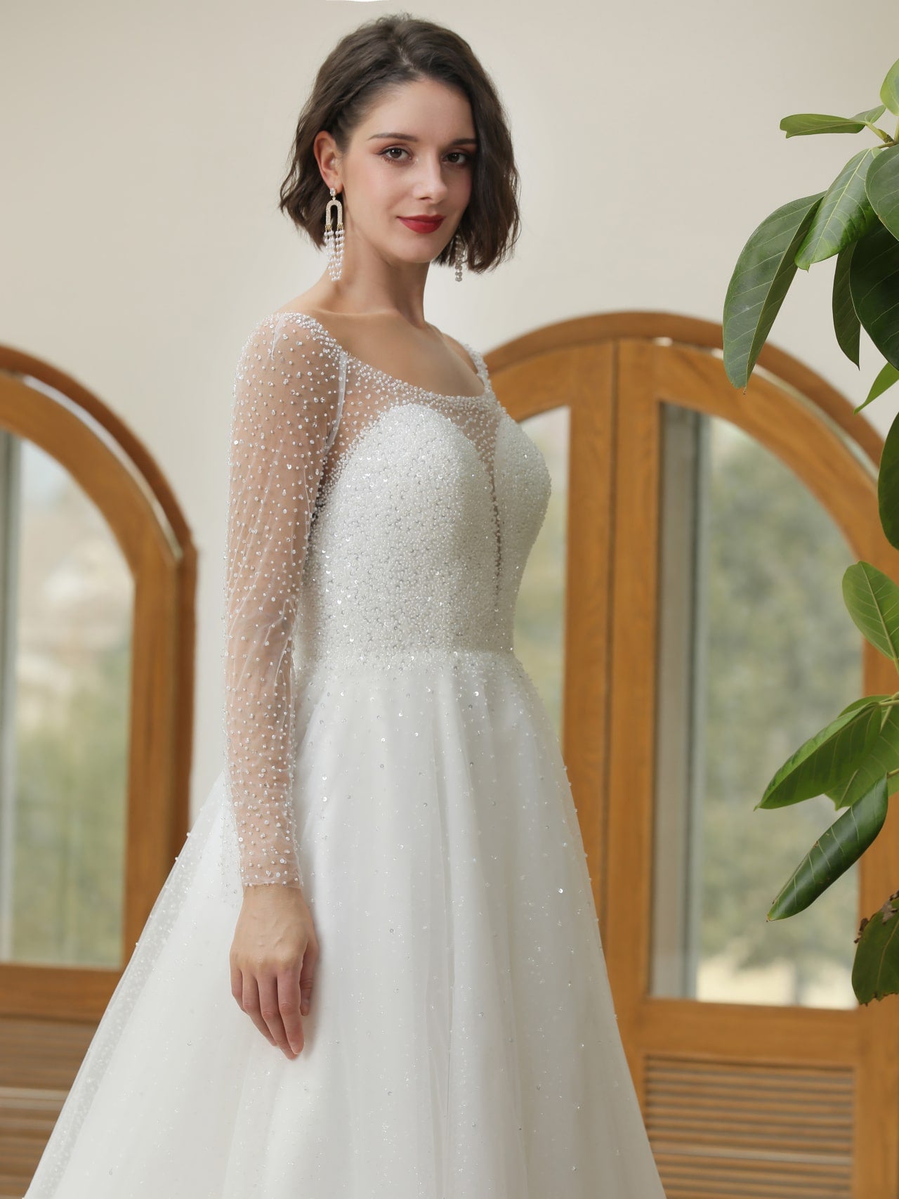 Mix Beading Plunge Neckline A-Line Wedding Dress Jasmine - A.Cherie Couture Shop