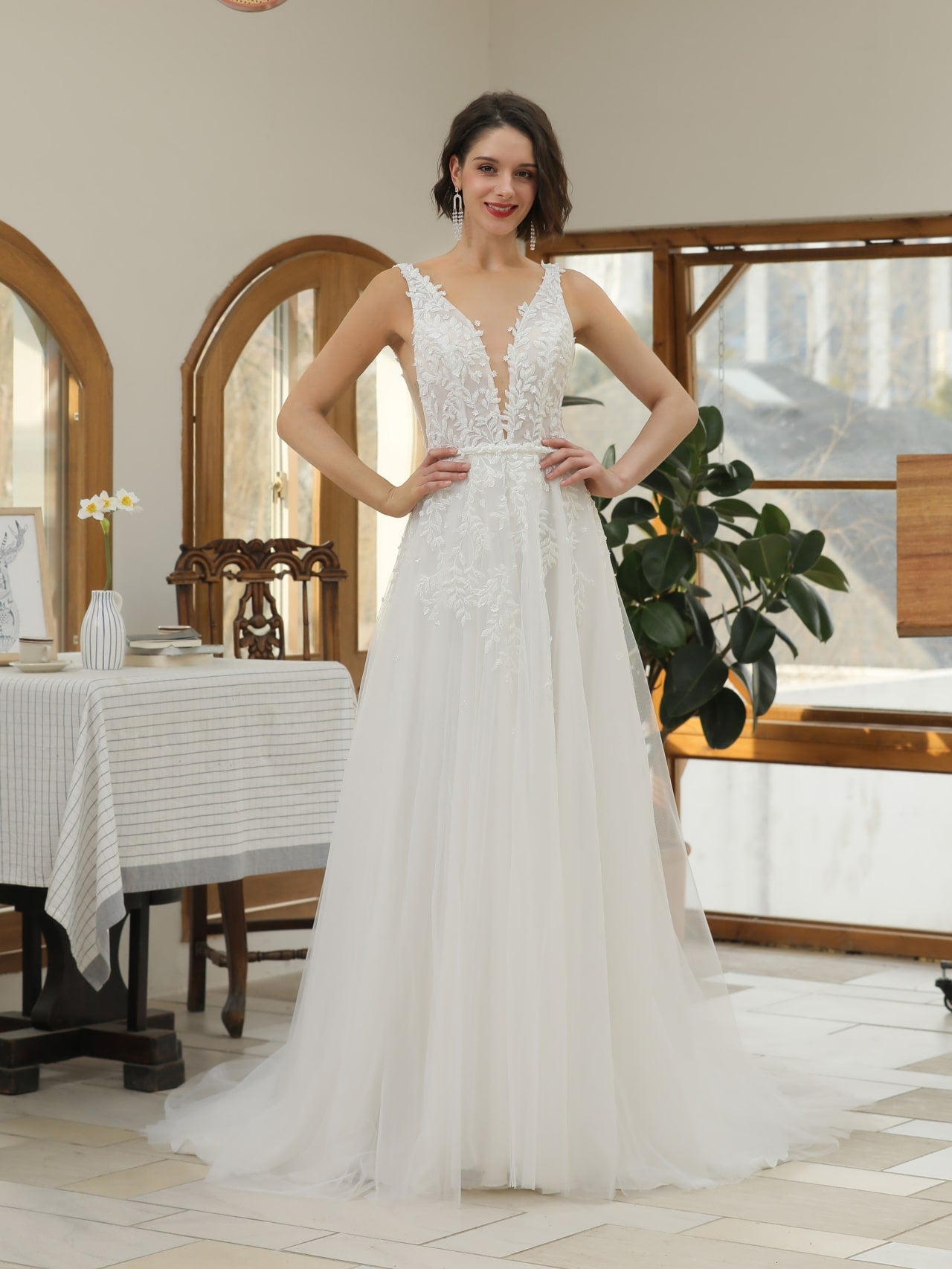 Plunge Neckline Beaded Foliage Lace A-Line Wedding Dress