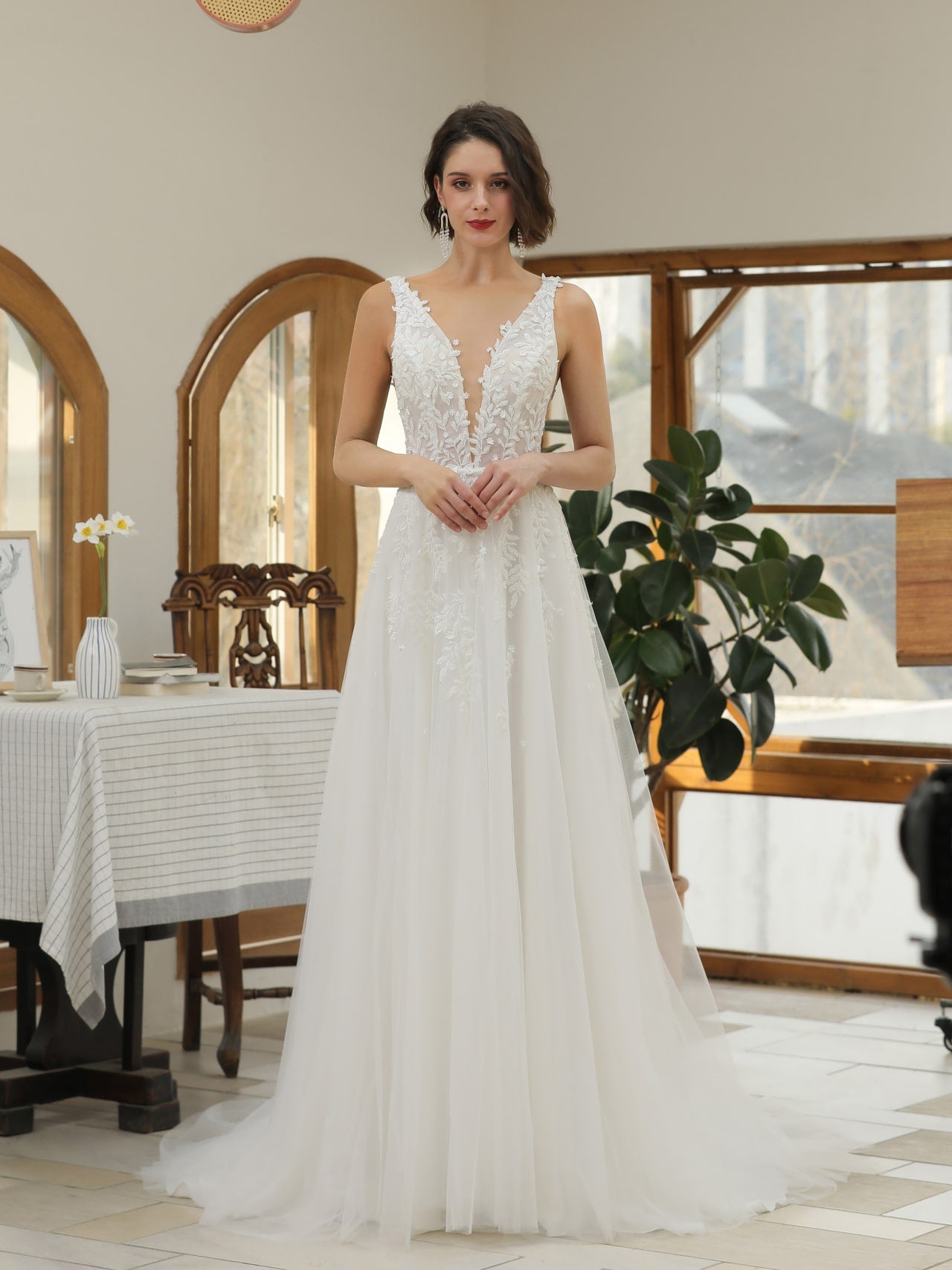 Plunge Neckline Beaded Leaf Lace A-Line Wedding Dress Anna - A.Cherie Couture Shop