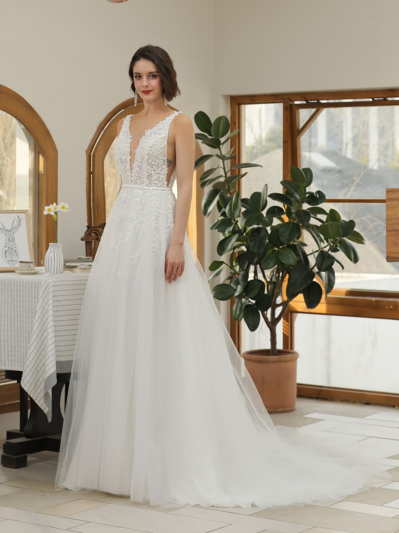 Plunge Neckline Beaded Leaf Lace A-Line Wedding Dress Anna - A.Cherie Couture Shop