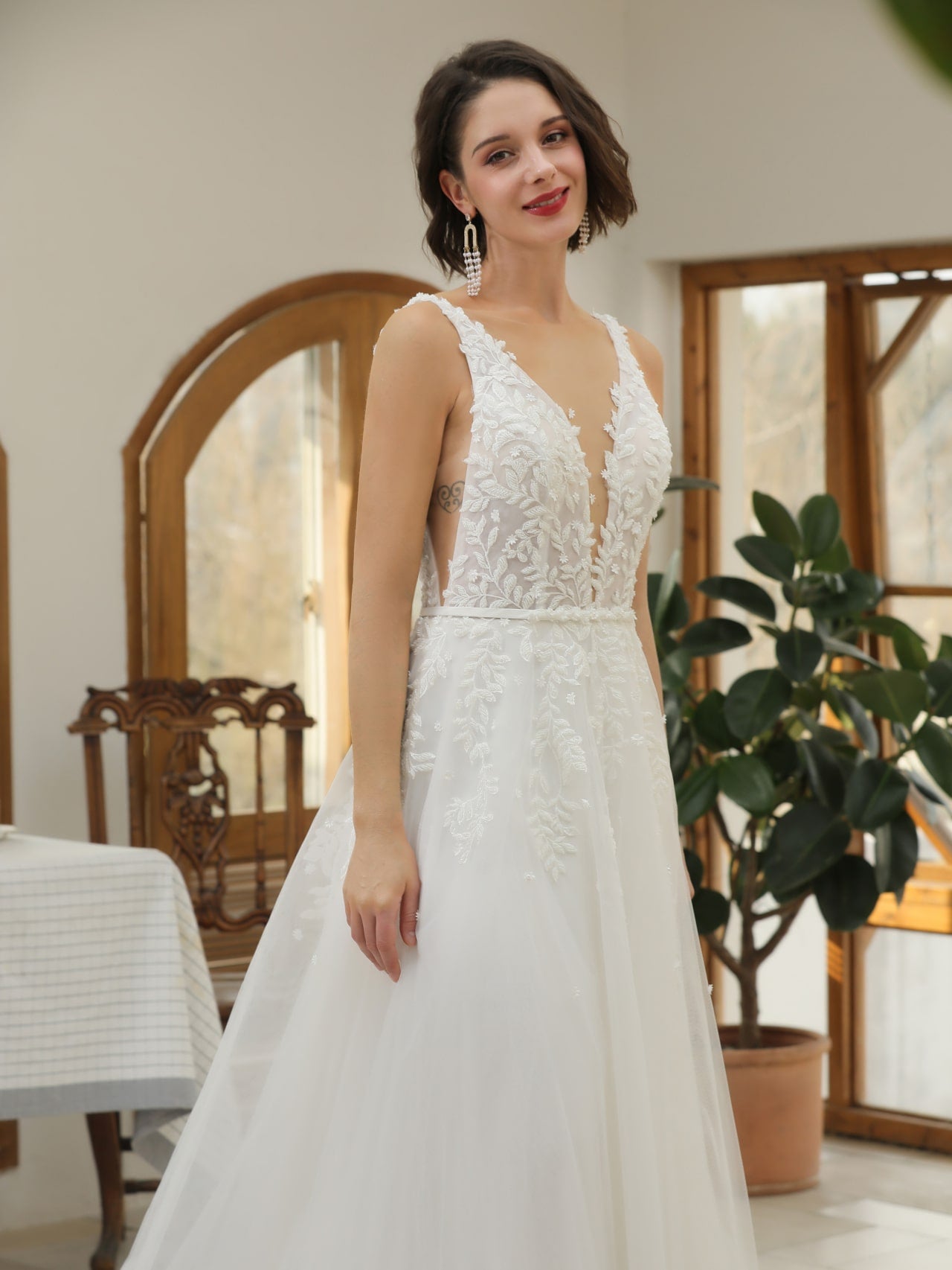 Plunge Neckline Beaded Leaf Lace A-Line Wedding Dress Anna - A.Cherie Couture Shop