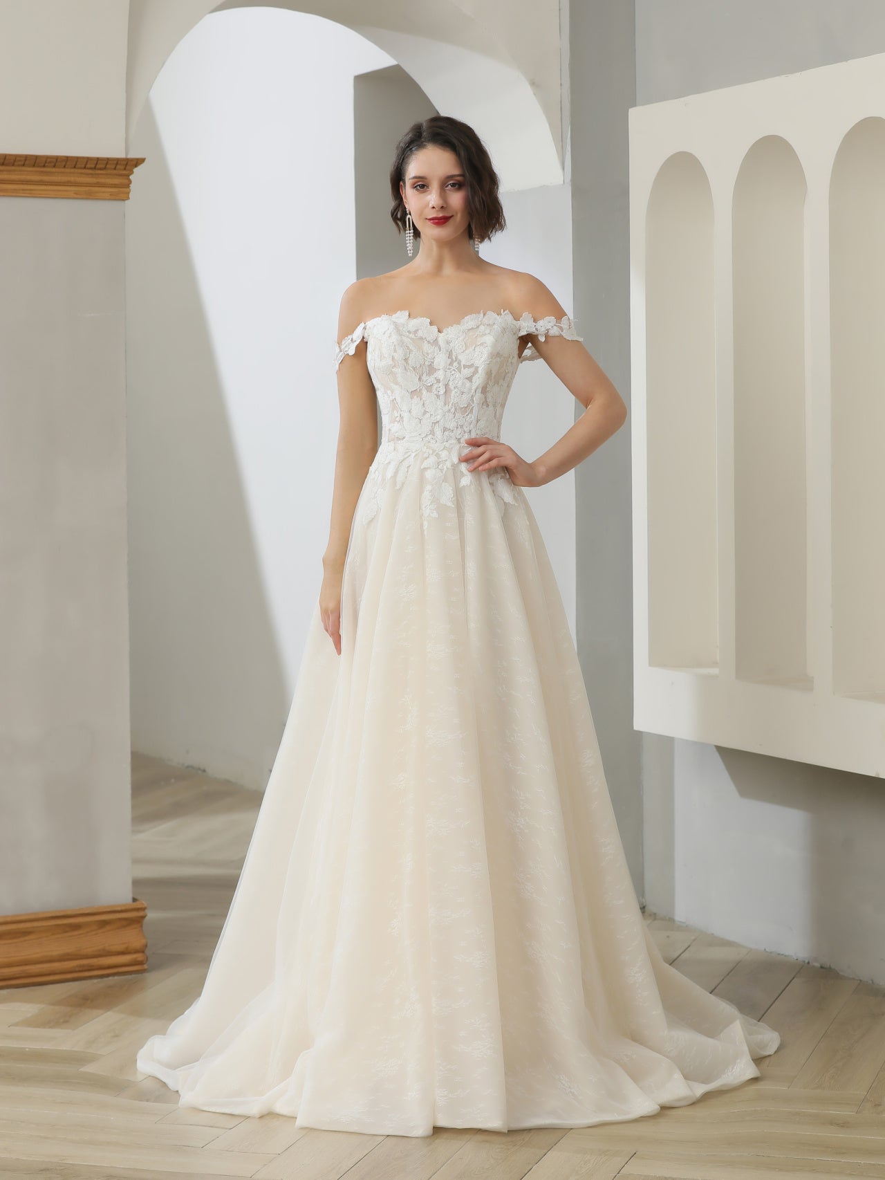 Off Shoulder Floral Lace 2 Tone A-Line Wedding Dress Clarissa - A.Cherie Couture Shop