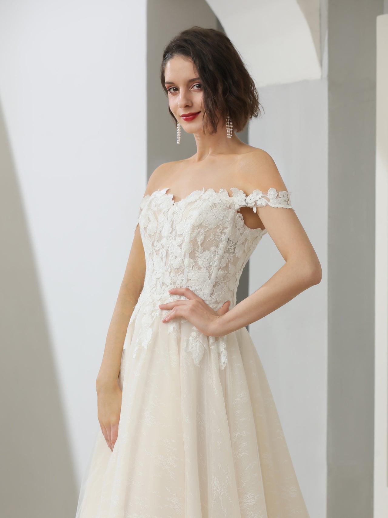 Off Shoulder Floral Lace 2 Tone A-Line Wedding Dress Clarissa - A.Cherie Couture Shop