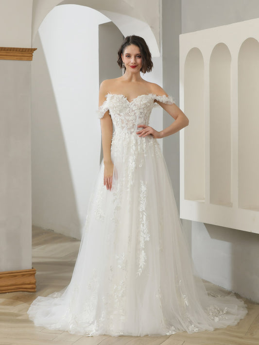 Off Shoulder 3D Floral Lace A-Line Wedding Dress Karina - A.Cherie Couture Shop