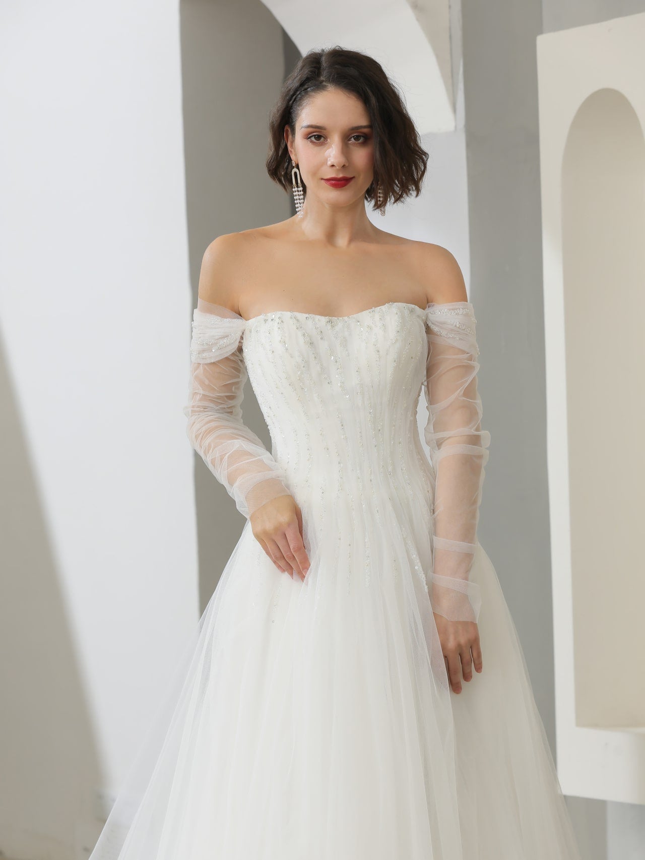 Off Shoulder Beaded Lace & Tulle A-Line Wedding Dress Katie - A.Cherie Couture Shop