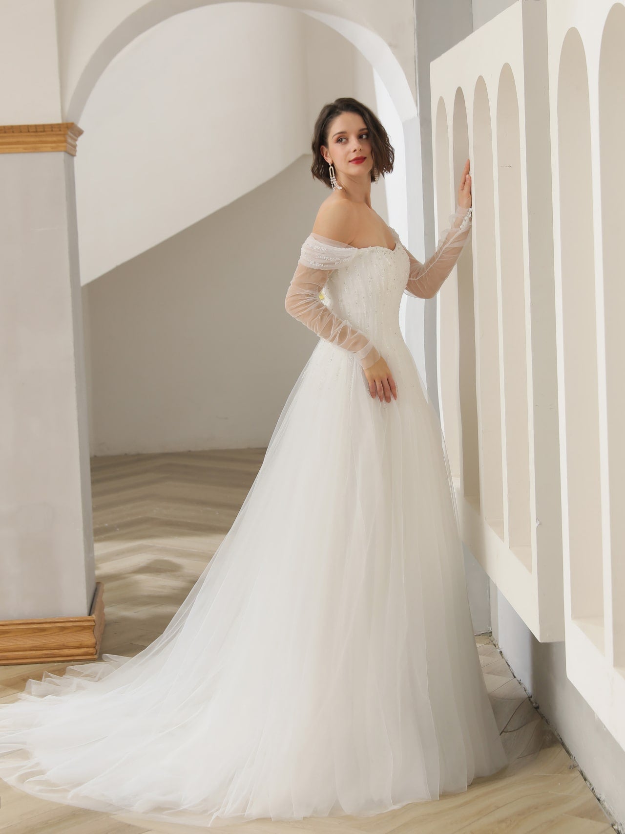 Off Shoulder Beaded Lace & Tulle A-Line Wedding Dress Katie - A.Cherie Couture Shop