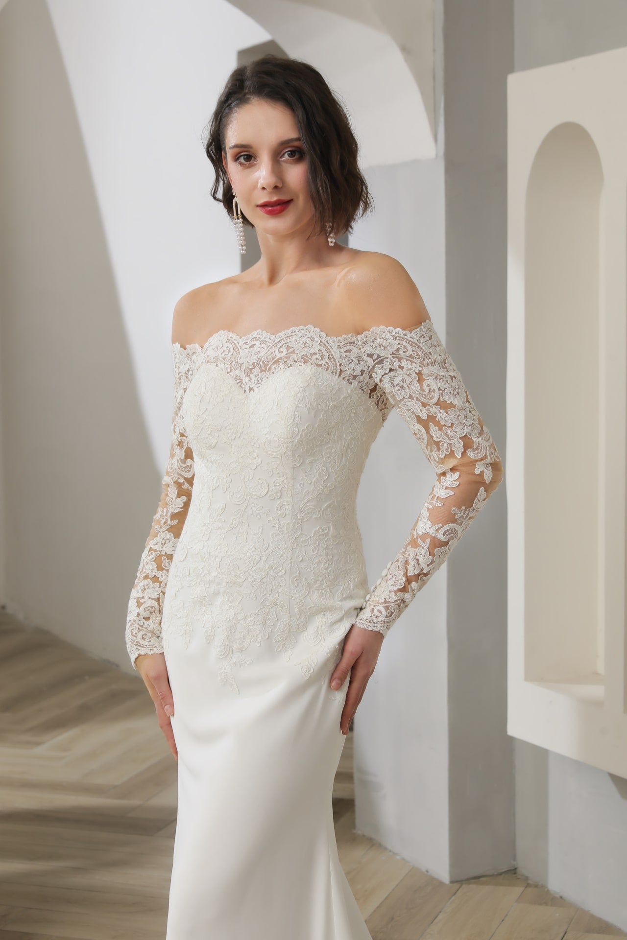 Off Shoulder Floral Lace Crepe Fit & Flare Wedding Dress Hailey - A.Cherie Couture Shop