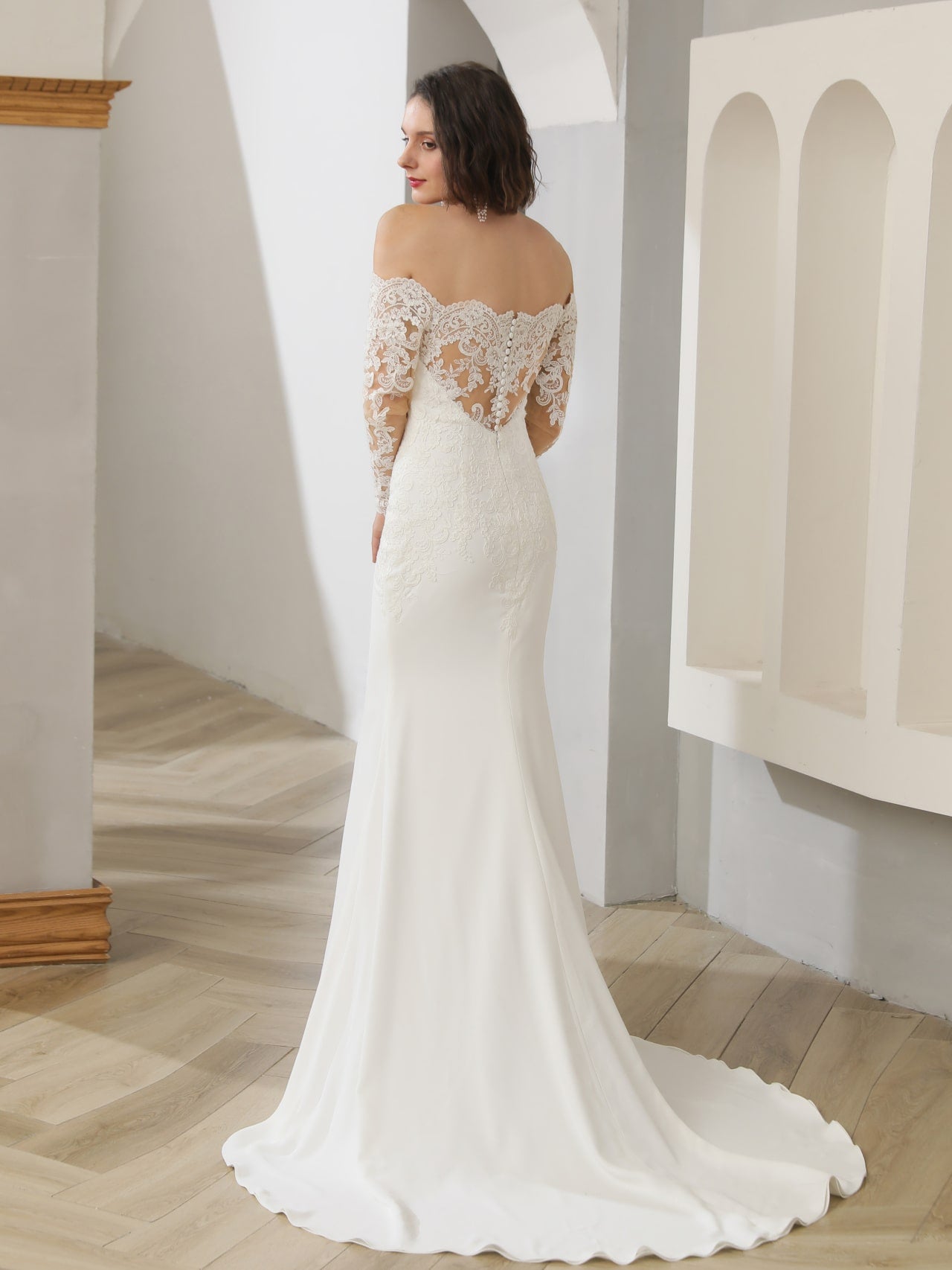 Off Shoulder Floral Lace Crepe Fit & Flare Wedding Dress Hailey - A.Cherie Couture Shop