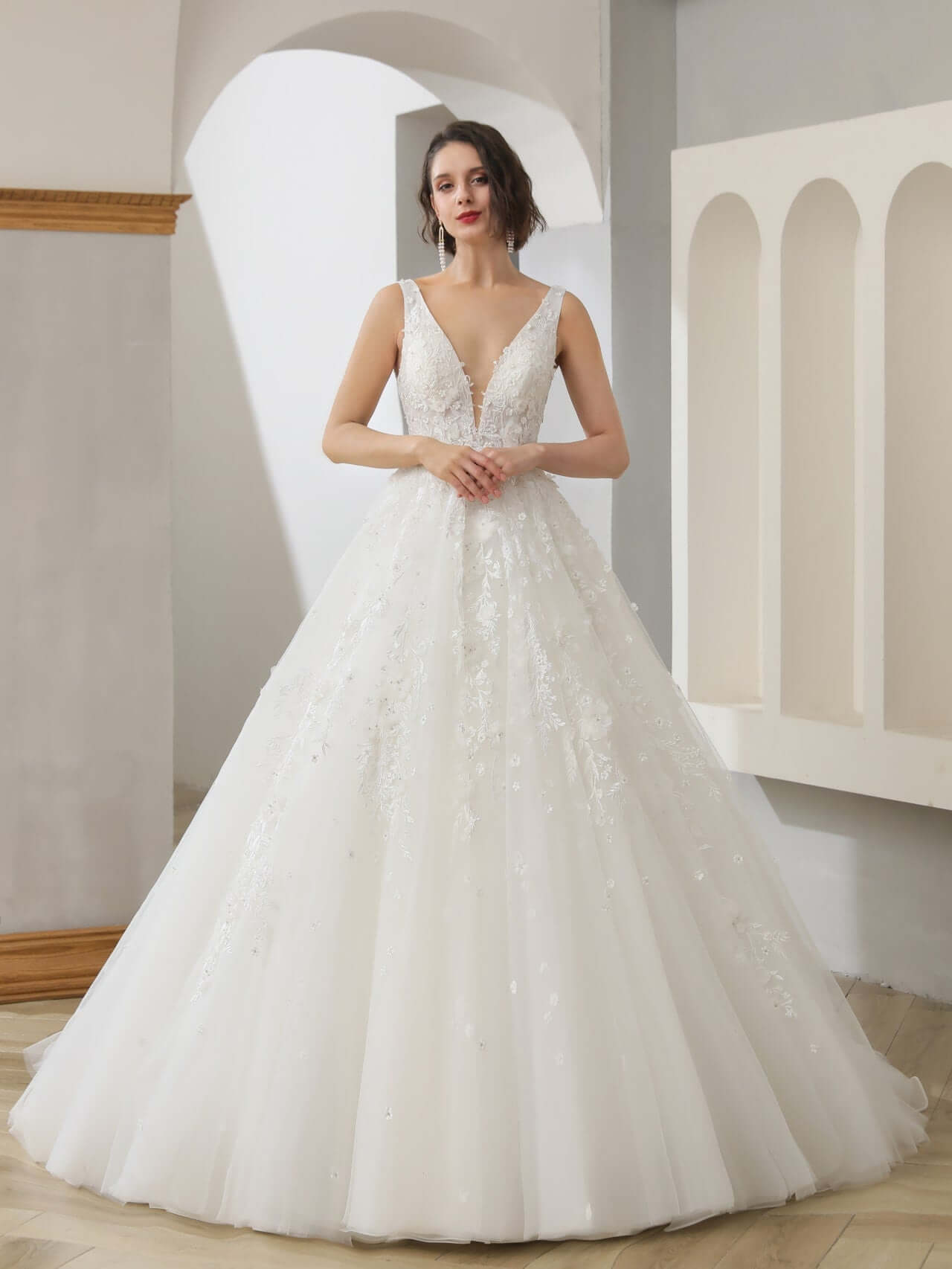 3D Floral Lace Full A-Line Wedding Dress Isabella with Rhinestones - A.Cherie Couture Shop