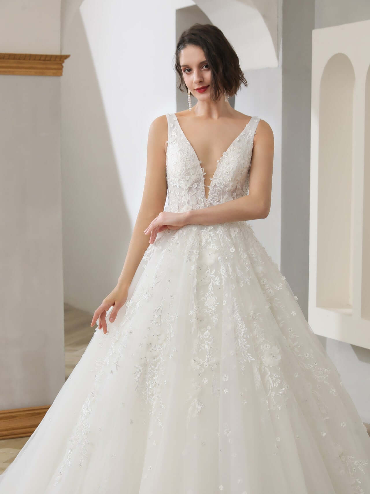 3D Floral Lace Full A-Line Wedding Dress Isabella with Rhinestones - A.Cherie Couture Shop