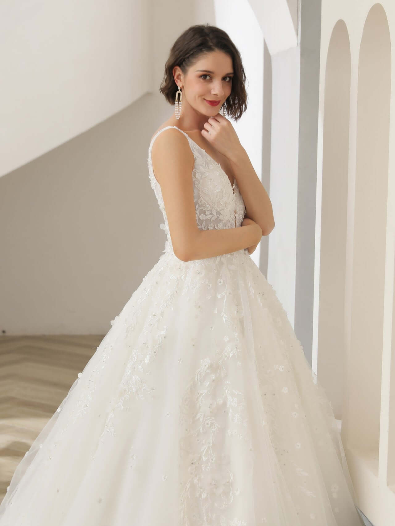 3D Floral Lace Full A-Line Wedding Dress Isabella with Rhinestones - A.Cherie Couture Shop