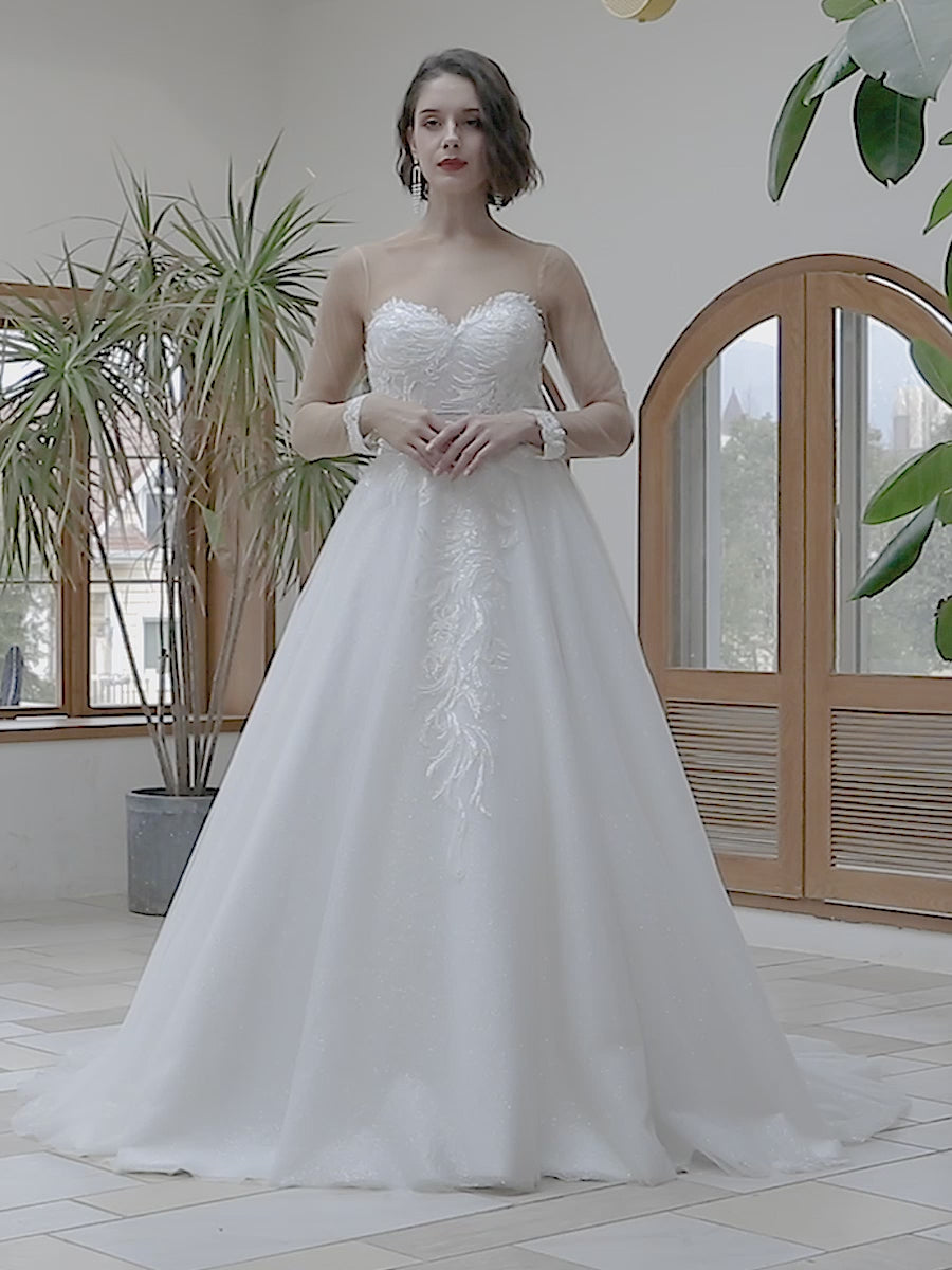 Illusion Neckline Leaf Lace Glitter Full A-Line Wedding Dress Grace
