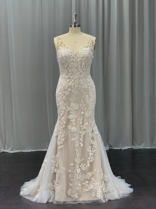 Sleeveless Lace & Tulle Over Satin Fit & Flare Wedding Dress Delilah - A.Cherie Couture Shop