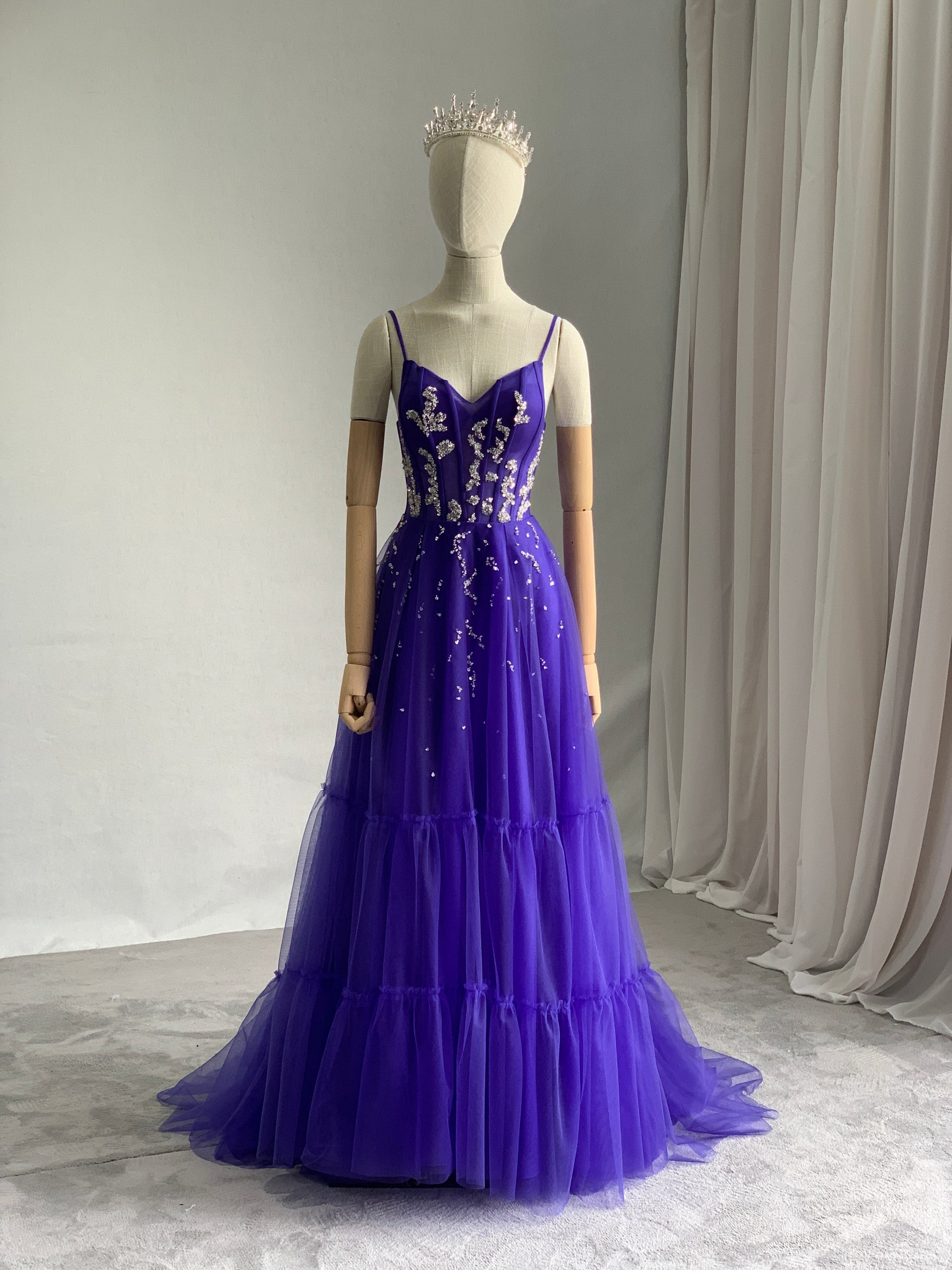 Made to Order Silver Beading Colored Tulle A-Line Evening Dress | Shop A.Cherie Made to Order Silver Beading Colored Tulle A-Line Evening Dress | Shop A.Cherie