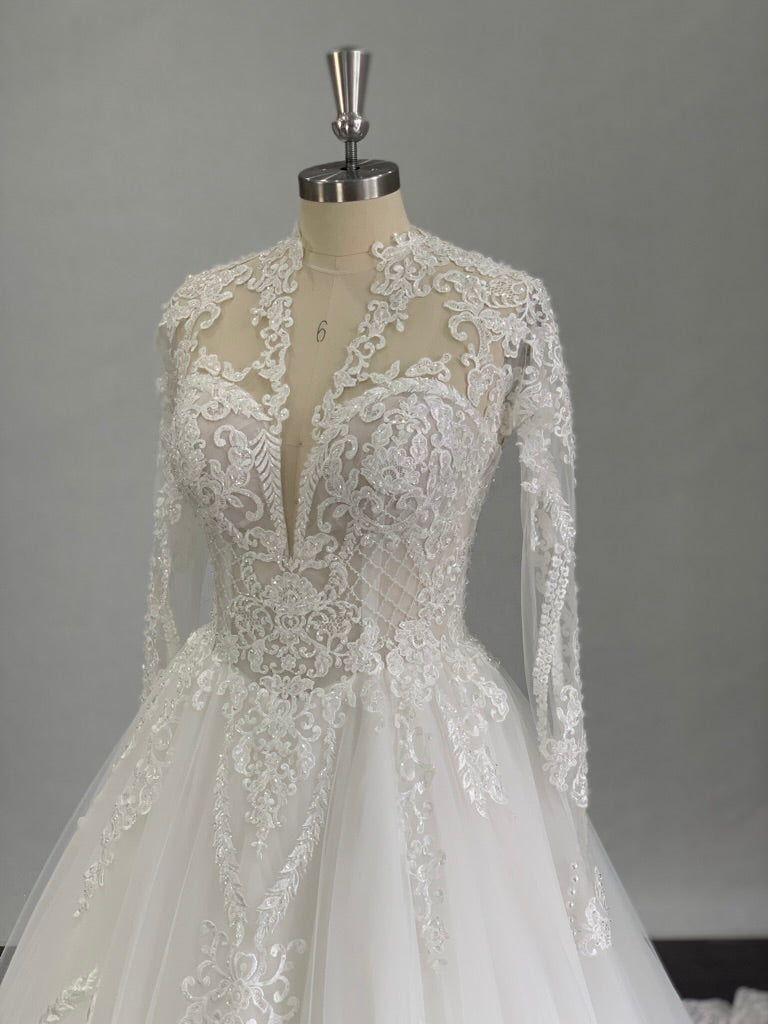 Plunging V-Neckline with Beaded Lace Full A-Line Wedding Dress Eliza - A.Cherie Couture Shop