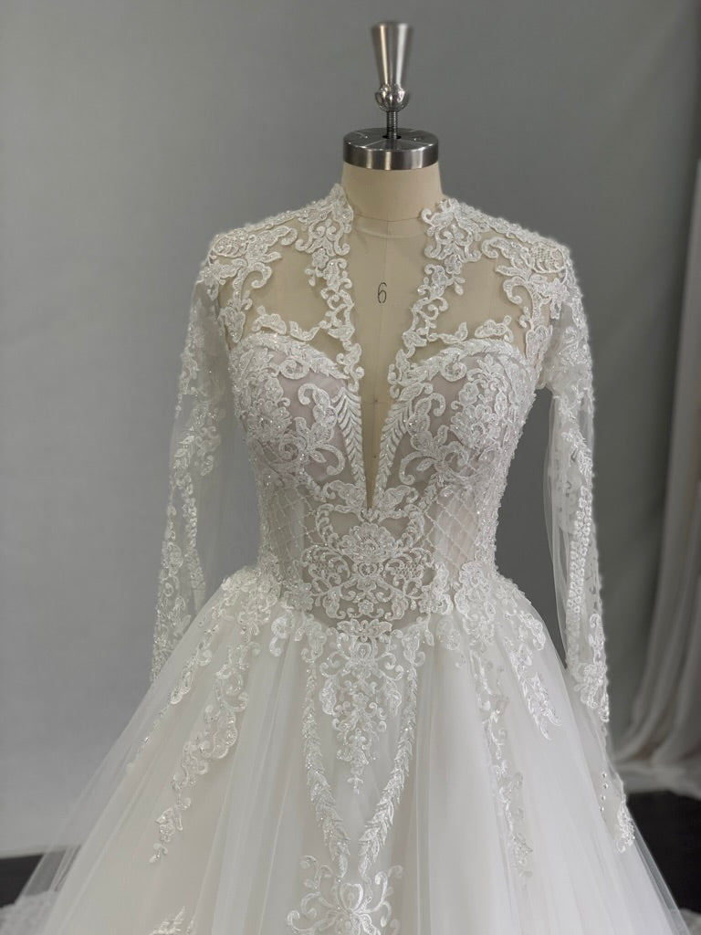 Plunging V-Neckline with Beaded Lace Full A-Line Wedding Dress Eliza - A.Cherie Couture Shop