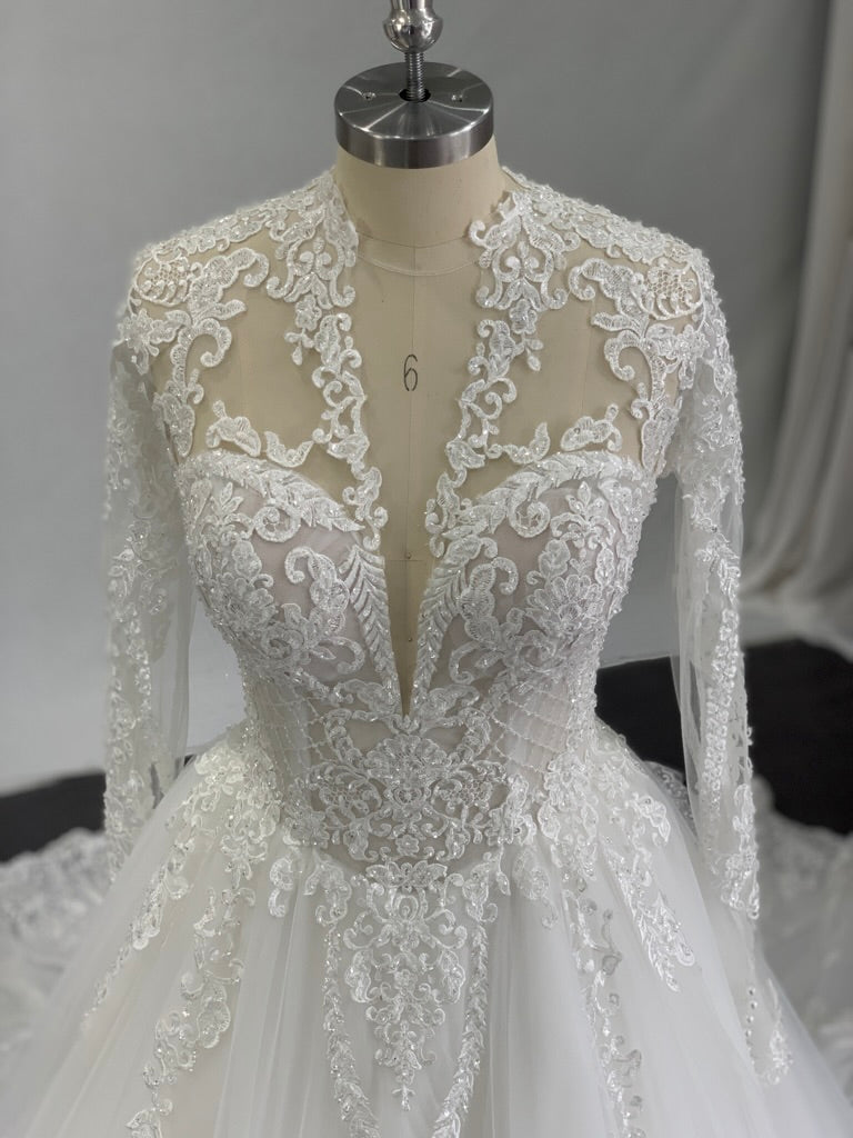 Plunging V-Neckline with Beaded Lace Full A-Line Wedding Dress Eliza - A.Cherie Couture Shop