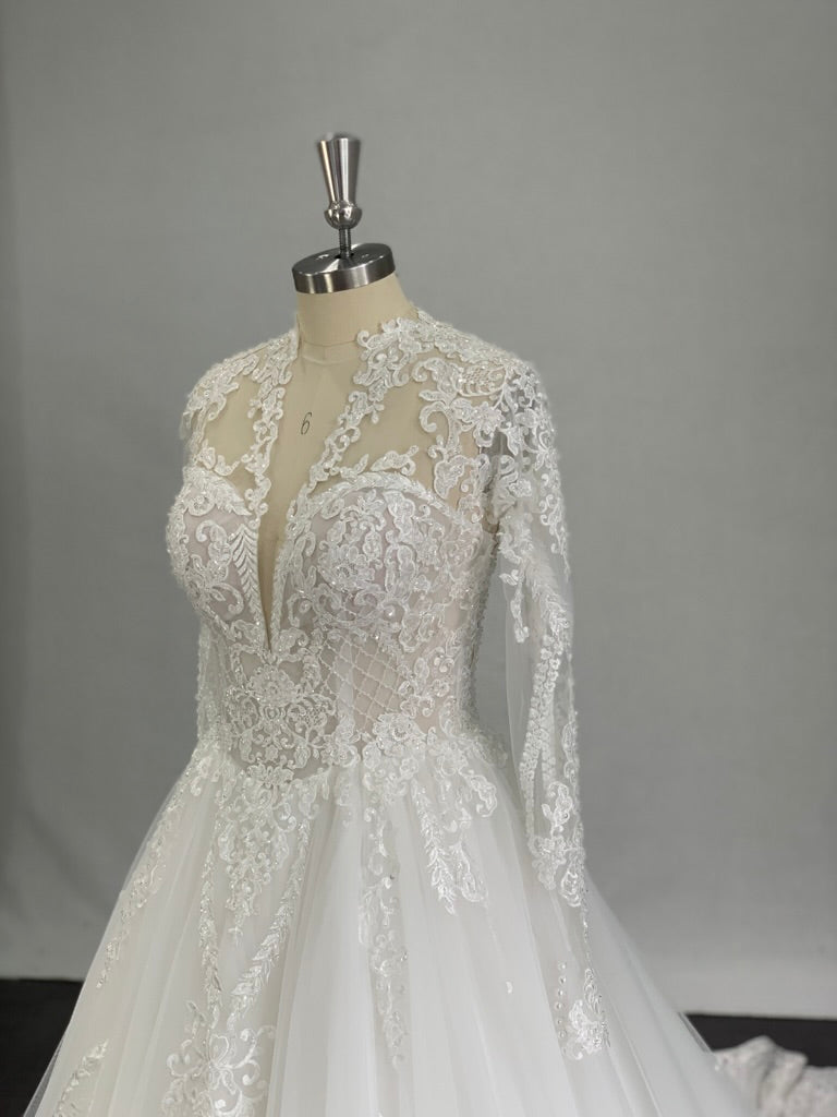 Plunging V-Neckline with Beaded Lace Full A-Line Wedding Dress Eliza - A.Cherie Couture Shop