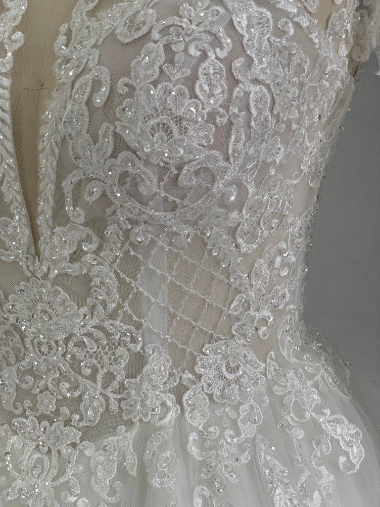 Plunging V-Neckline with Beaded Lace Full A-Line Wedding Dress Eliza - A.Cherie Couture Shop