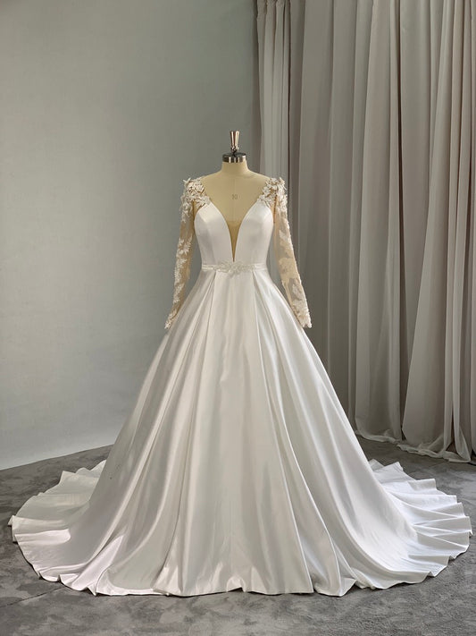 Plunge Neckline Lace & Satin Full A-line Wedding Dress Taylor - A.Cherie Couture Shop