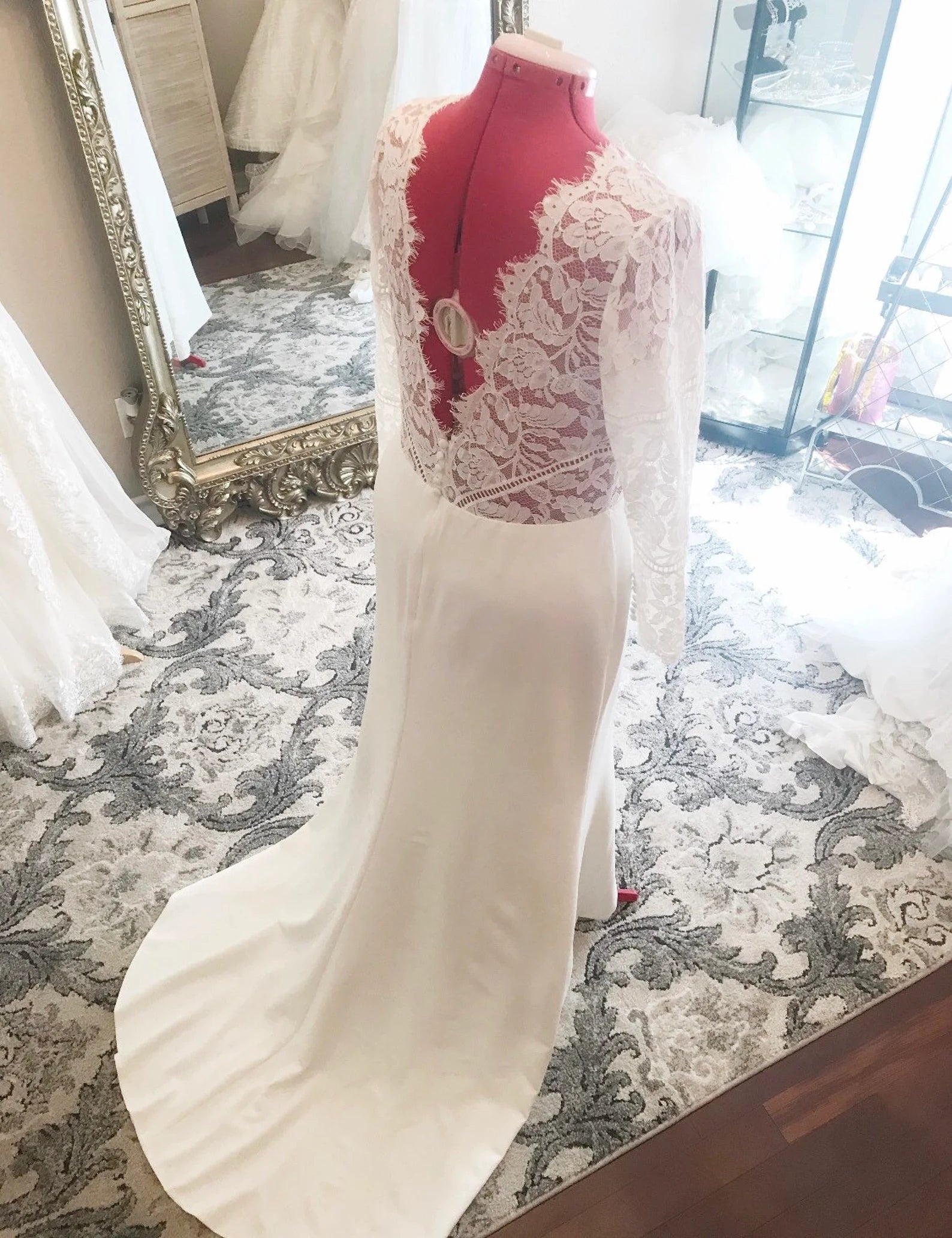 Sheer Lace Bodice Fit & Flare Wedding Dress | Shop A.Cherie Light Ivory / US16 Sheer Lace Bodice Fit & Flare Wedding Dress | Shop A.Cherie Light Ivory / US16