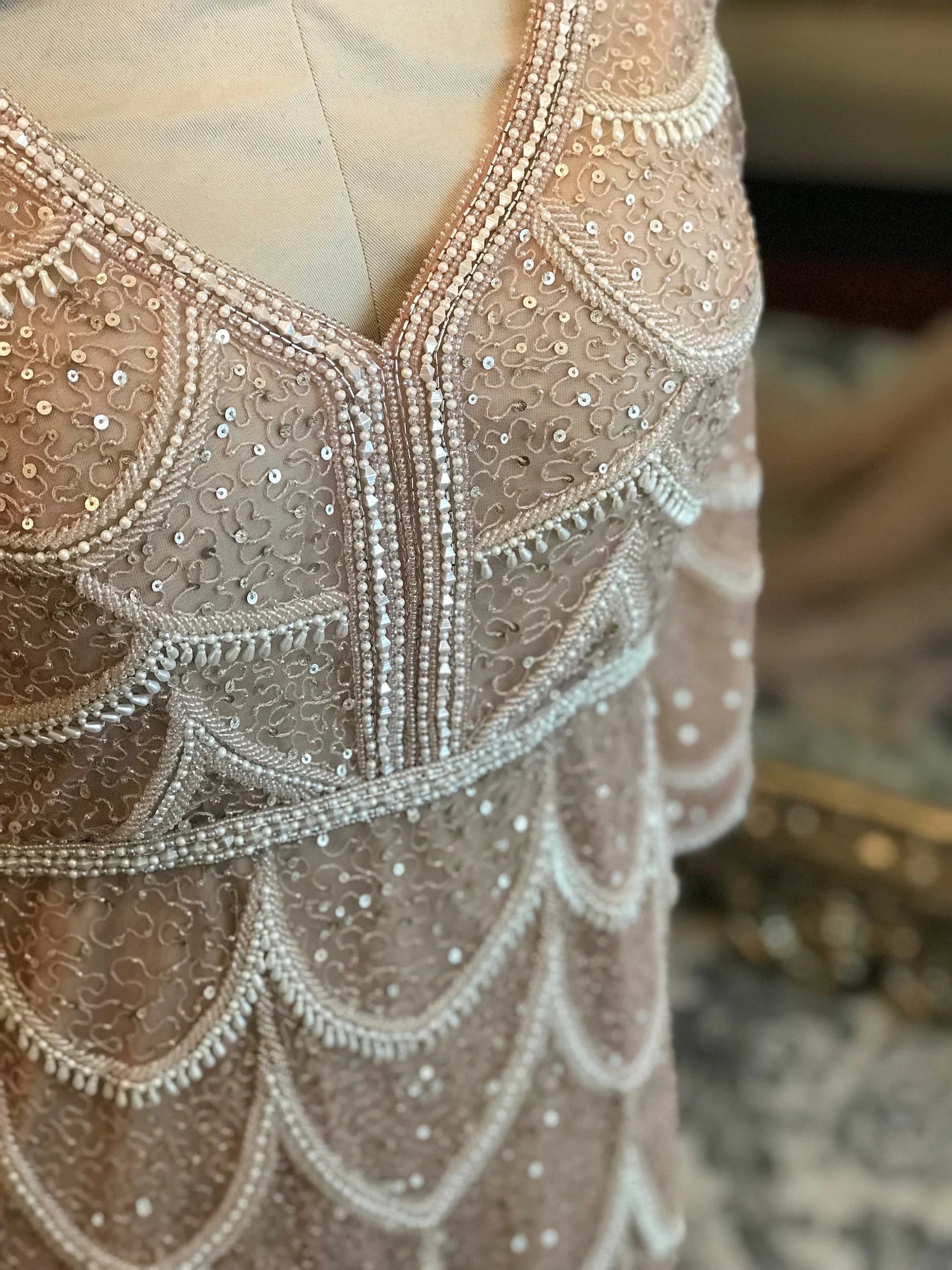 Blush Scallop Beading Trumpet Wedding Dress | Shop A.Cherie Blush / US16 Blush Scallop Beading Trumpet Wedding Dress | Shop A.Cherie Blush / US16