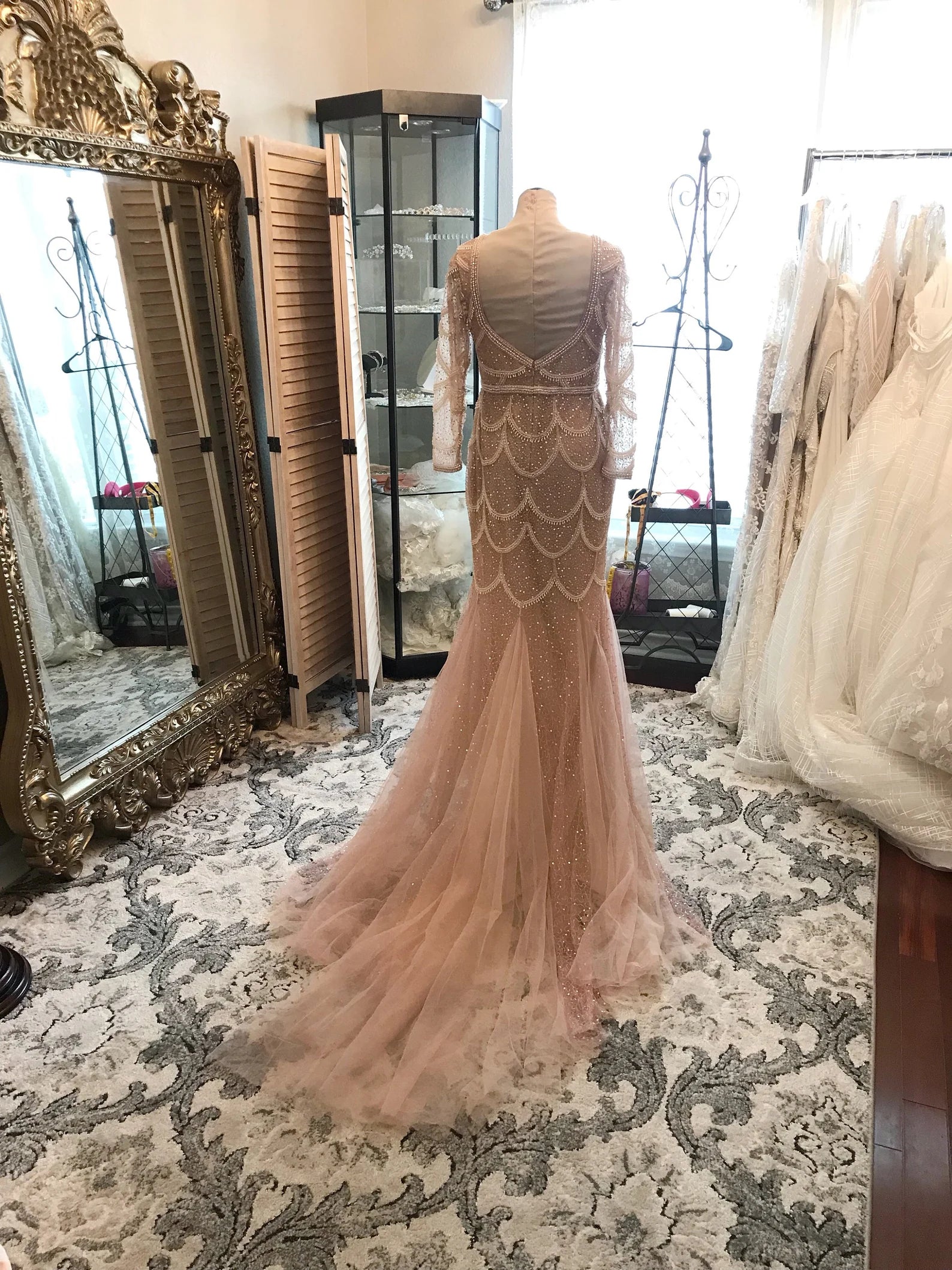 Blush Scallop Beading Trumpet Wedding Dress | Shop A.Cherie Blush / US16 Blush Scallop Beading Trumpet Wedding Dress | Shop A.Cherie Blush / US16