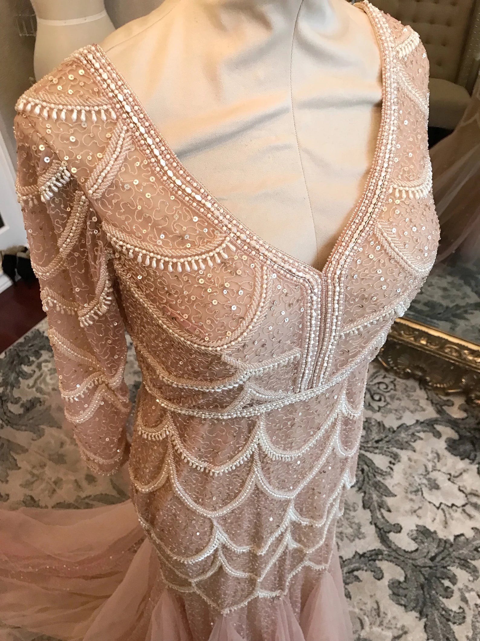 Blush Scallop Beading Trumpet Wedding Dress | Shop A.Cherie Blush / US16 Blush Scallop Beading Trumpet Wedding Dress | Shop A.Cherie Blush / US16