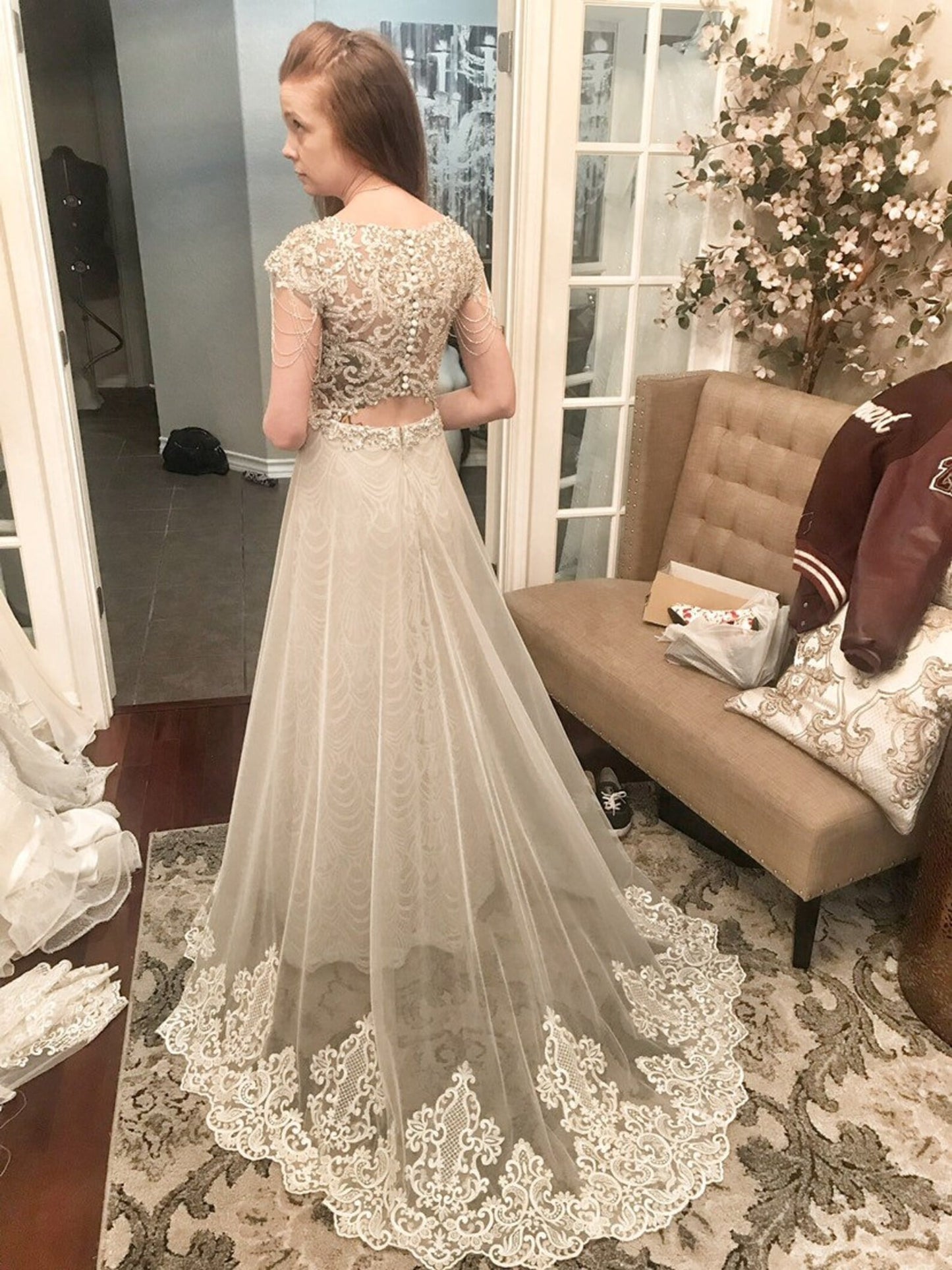 Vintage Style Pearl Beading Sheath Wedding Dress Sarah with Overskirt - A.Cherie Couture Shop