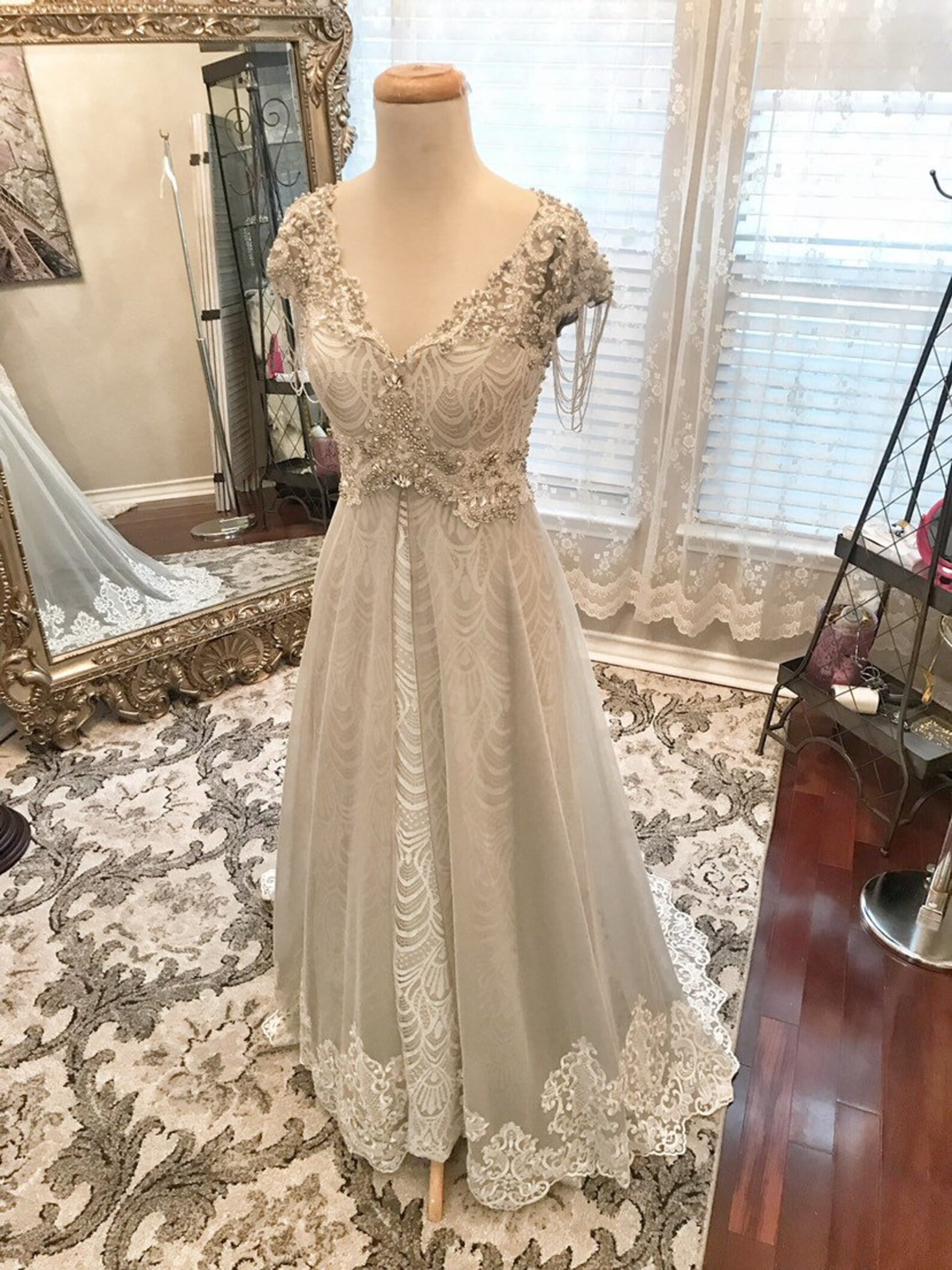 Vintage Style Pearl Beading Sheath Wedding Dress Sarah with Overskirt - A.Cherie Couture Shop