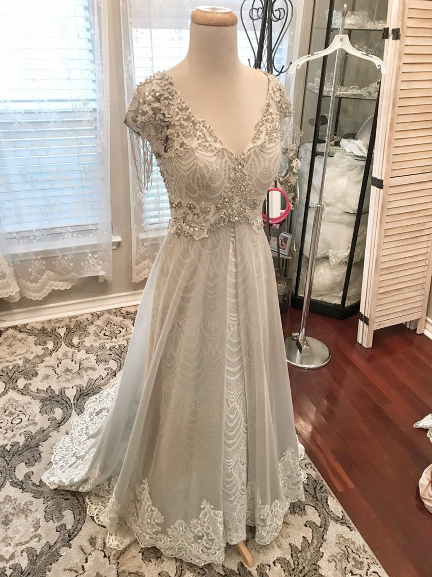 Vintage Style Pearl Beading Sheath Wedding Dress Sarah with Overskirt - A.Cherie Couture Shop