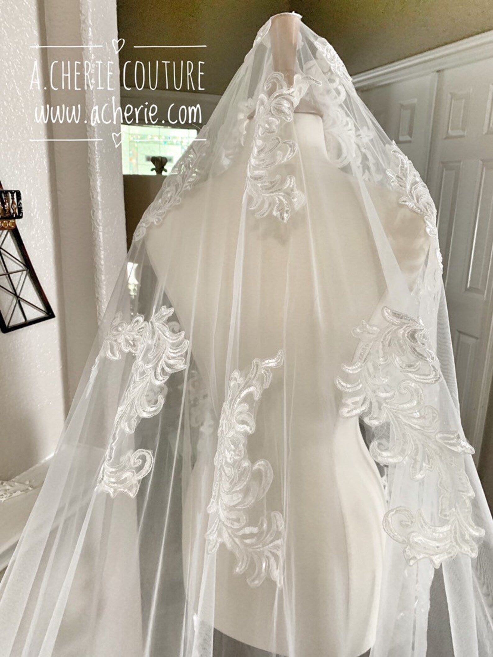 Scallop Leaf Scroll Lace Royal Veil - A.Cherie Couture Shop