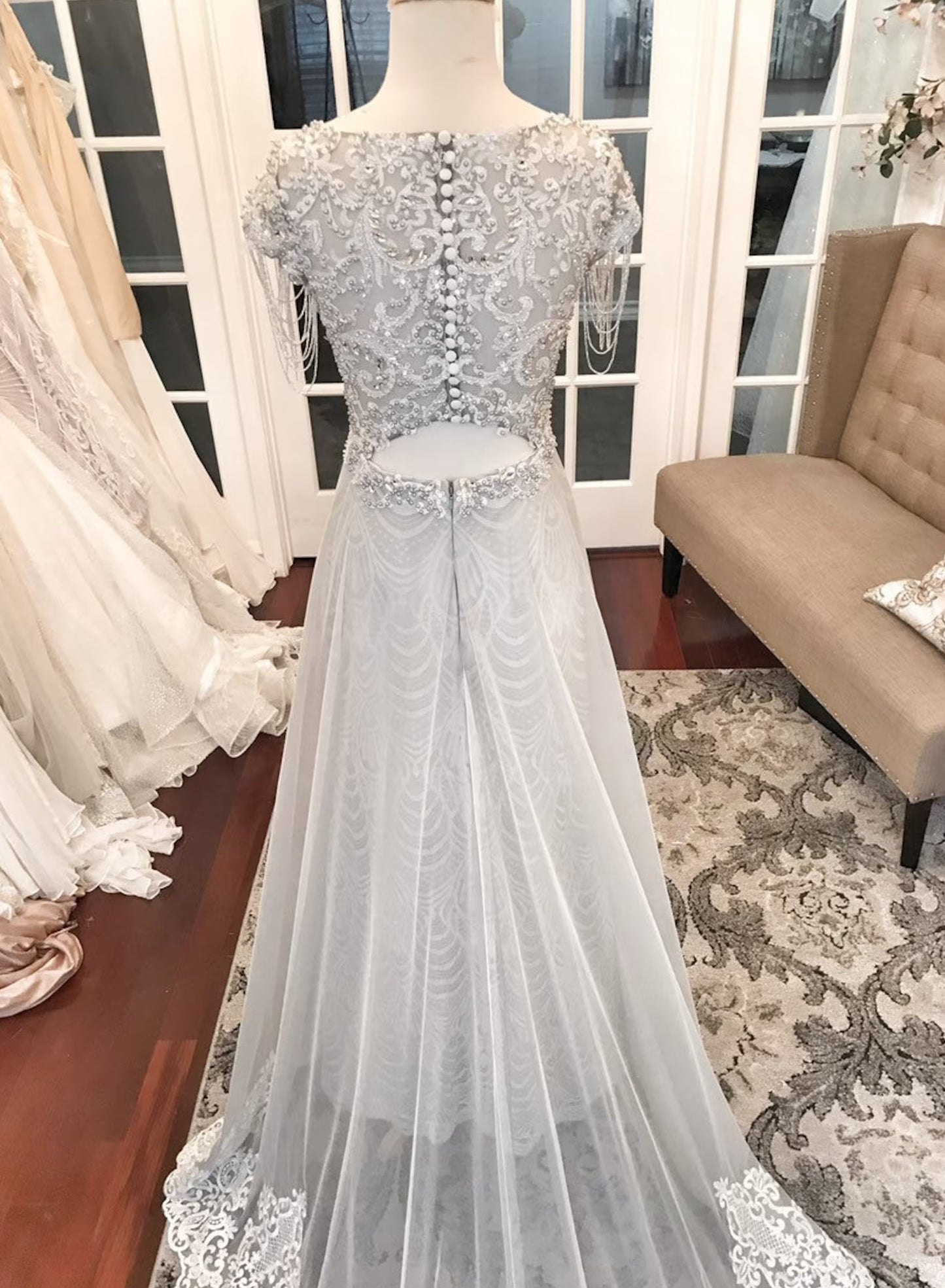 Vintage Style Pearl Beading Sheath Wedding Dress Sarah with Overskirt - A.Cherie Couture Shop