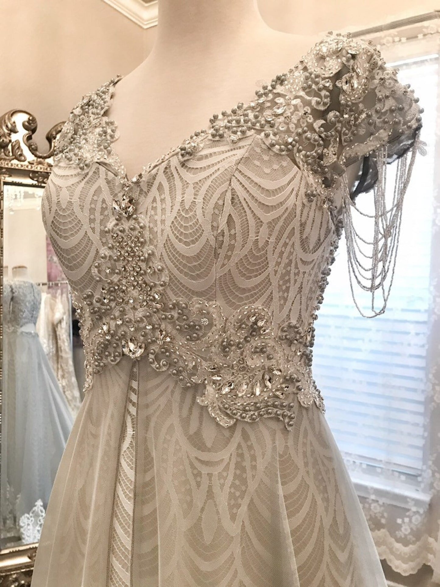 Vintage Style Pearl Beading Sheath Wedding Dress Sarah with Overskirt - A.Cherie Couture Shop