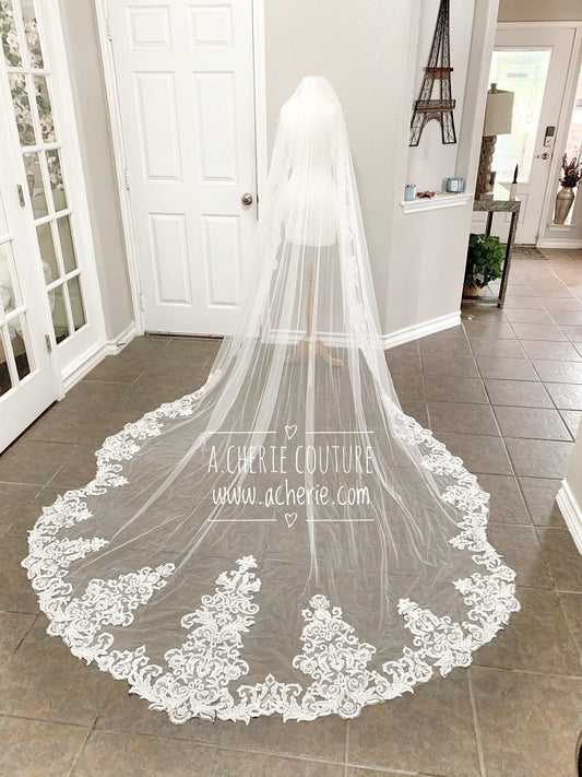 Scalloped Scroll Sequin Lace Cathedral Veil - A.Cherie Couture Shop