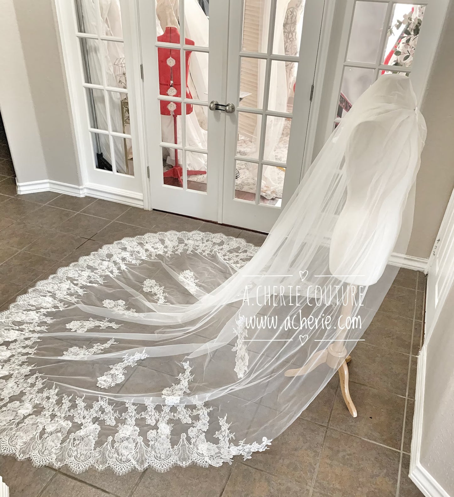 Wide Chantilly Lace Edge Cathedral Veil - A.Cherie Couture Shop