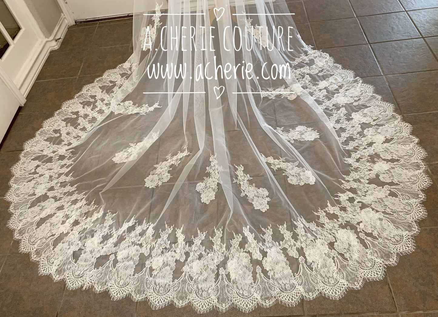 Wide Chantilly Lace Edge Cathedral Veil - A.Cherie Couture Shop