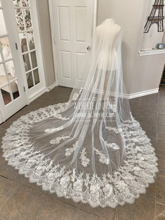 Wide Chantilly Lace Edge Cathedral Veil - A.Cherie Couture Shop