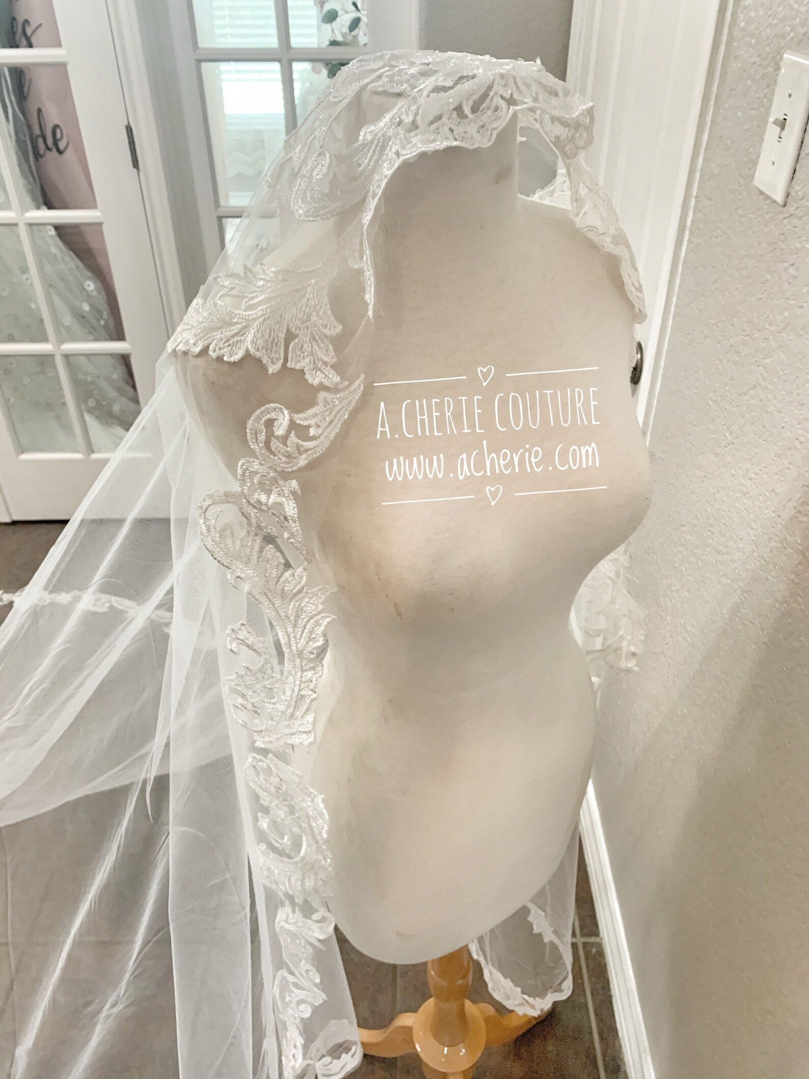 Thin Scroll Lace Cathedral Veil - A.Cherie Couture Shop