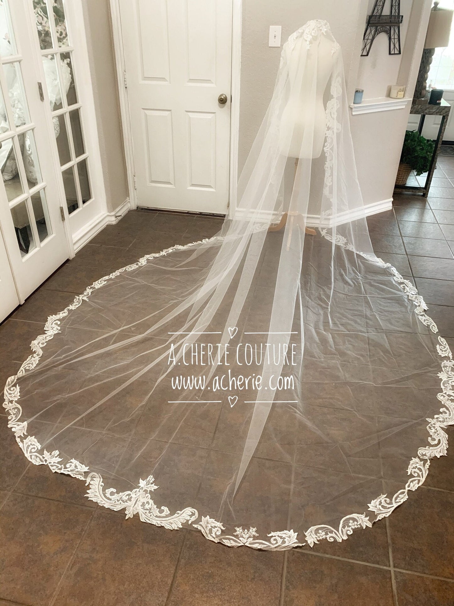 Thin Scroll Lace Cathedral Veil - A.Cherie Couture Shop