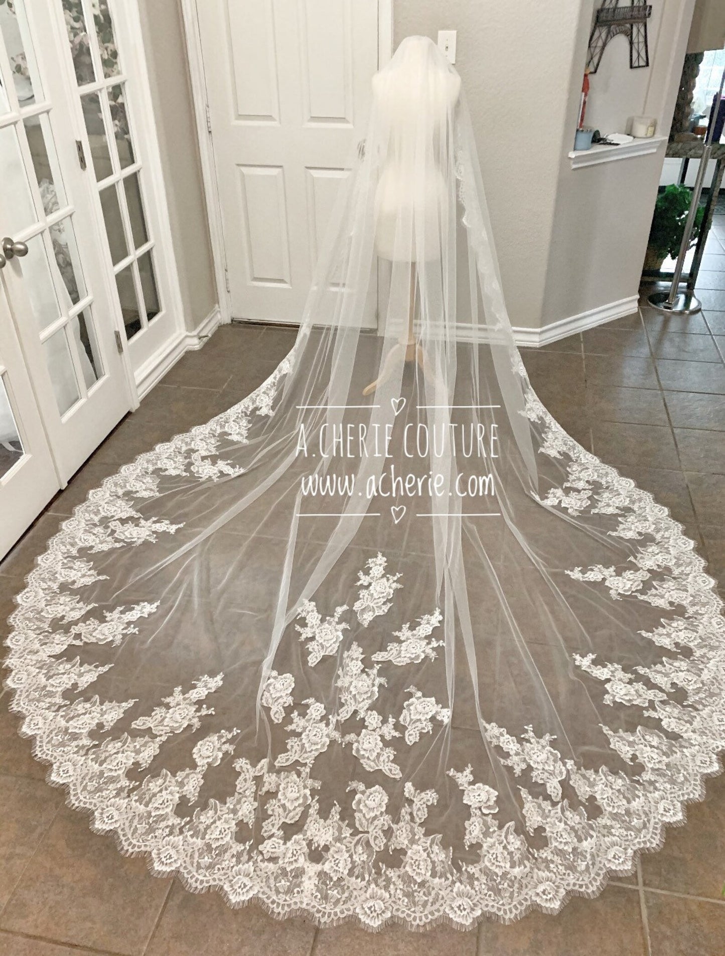 Wide Alencon Lace Cathedral Veil - A.Cherie Couture Shop