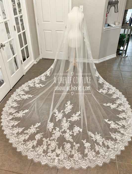 Wide Alencon Lace Cathedral Veil - A.Cherie Couture Shop